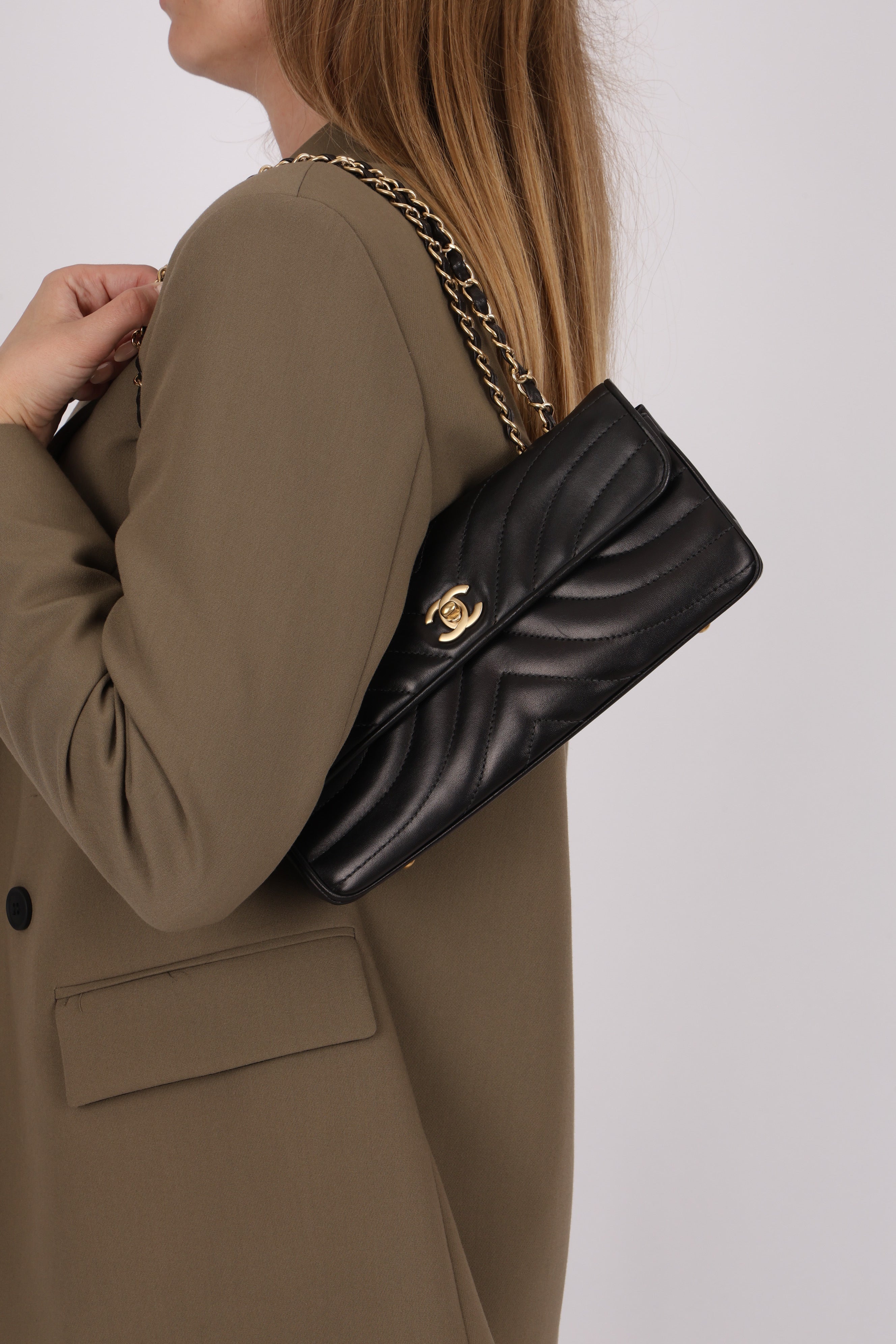 Chanel East West Shoulder Bag Black Calfskin BGHW