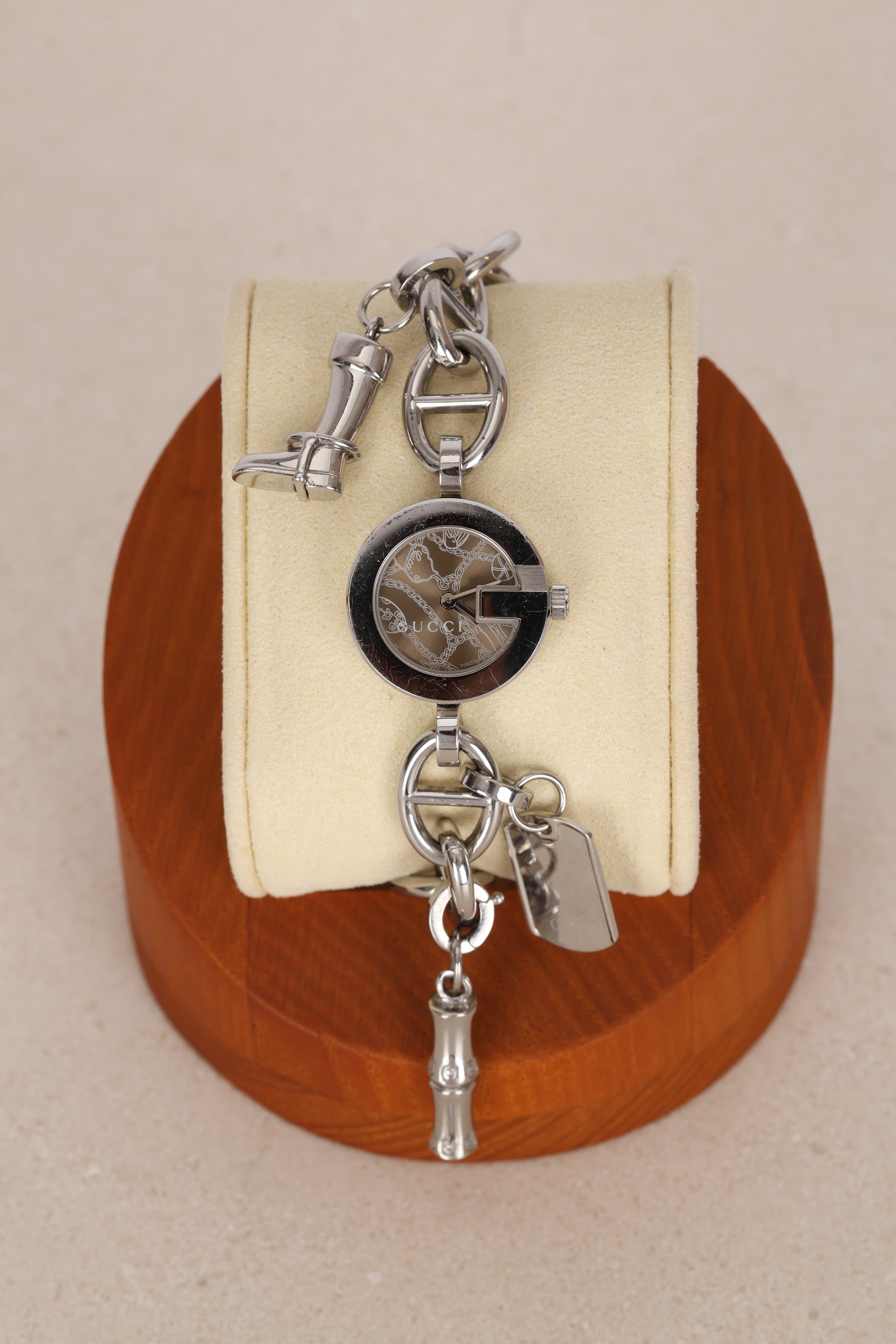 Gucci Stainless Steel Motif Engraved Face Charms Watch 22mm