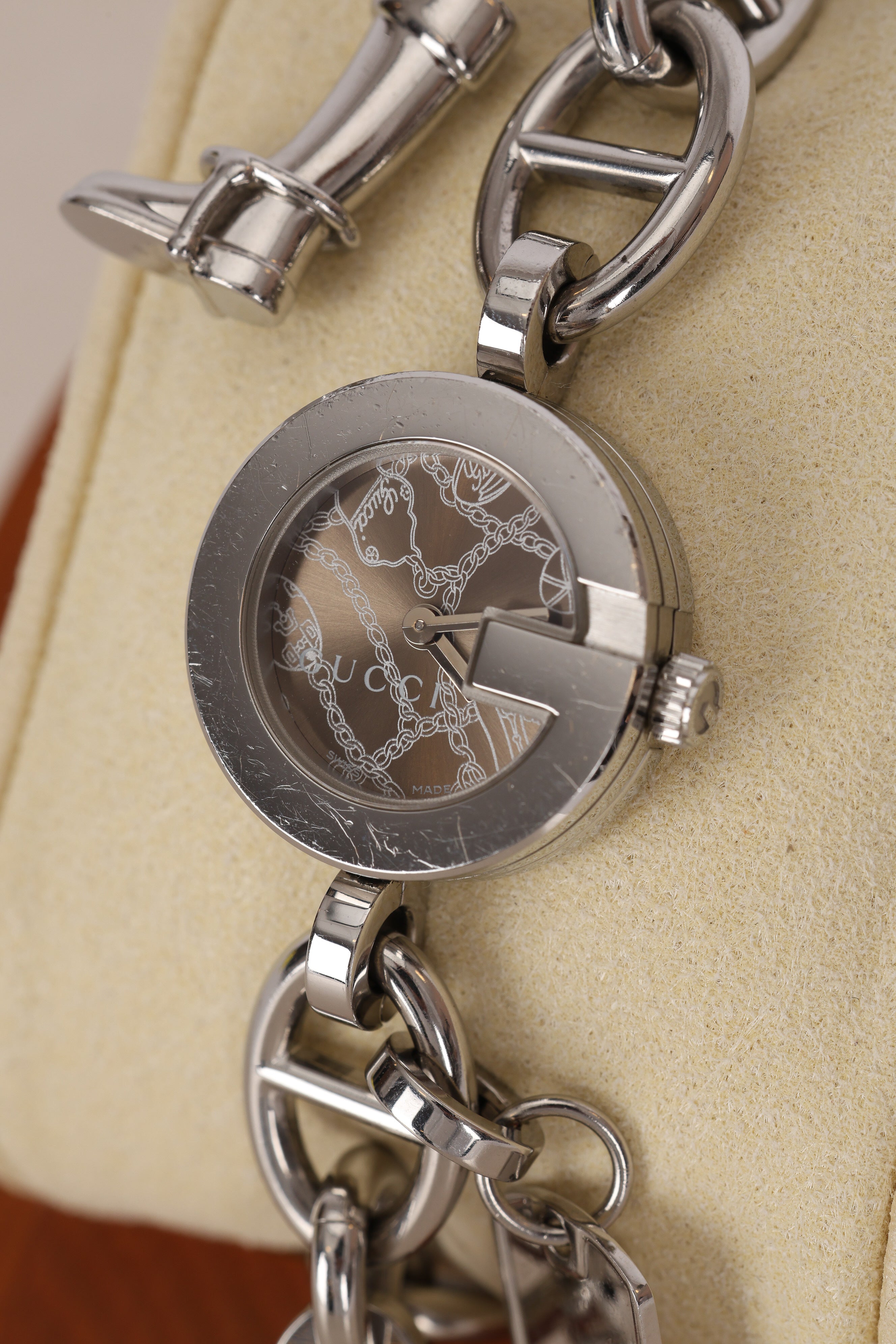 Gucci Stainless Steel Motif Engraved Face Charms Watch 22mm