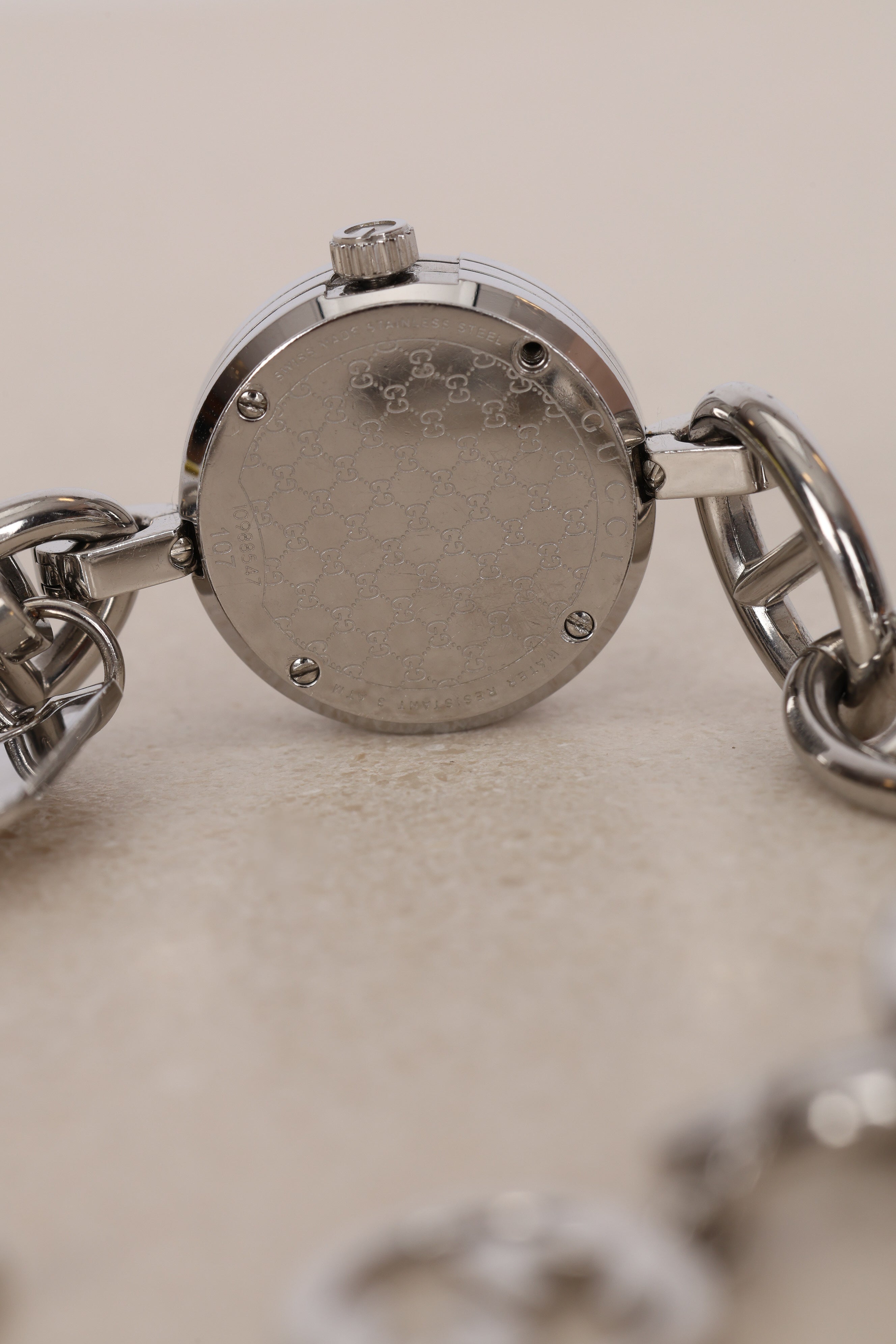 Gucci Stainless Steel Motif Engraved Face Charms Watch 22mm
