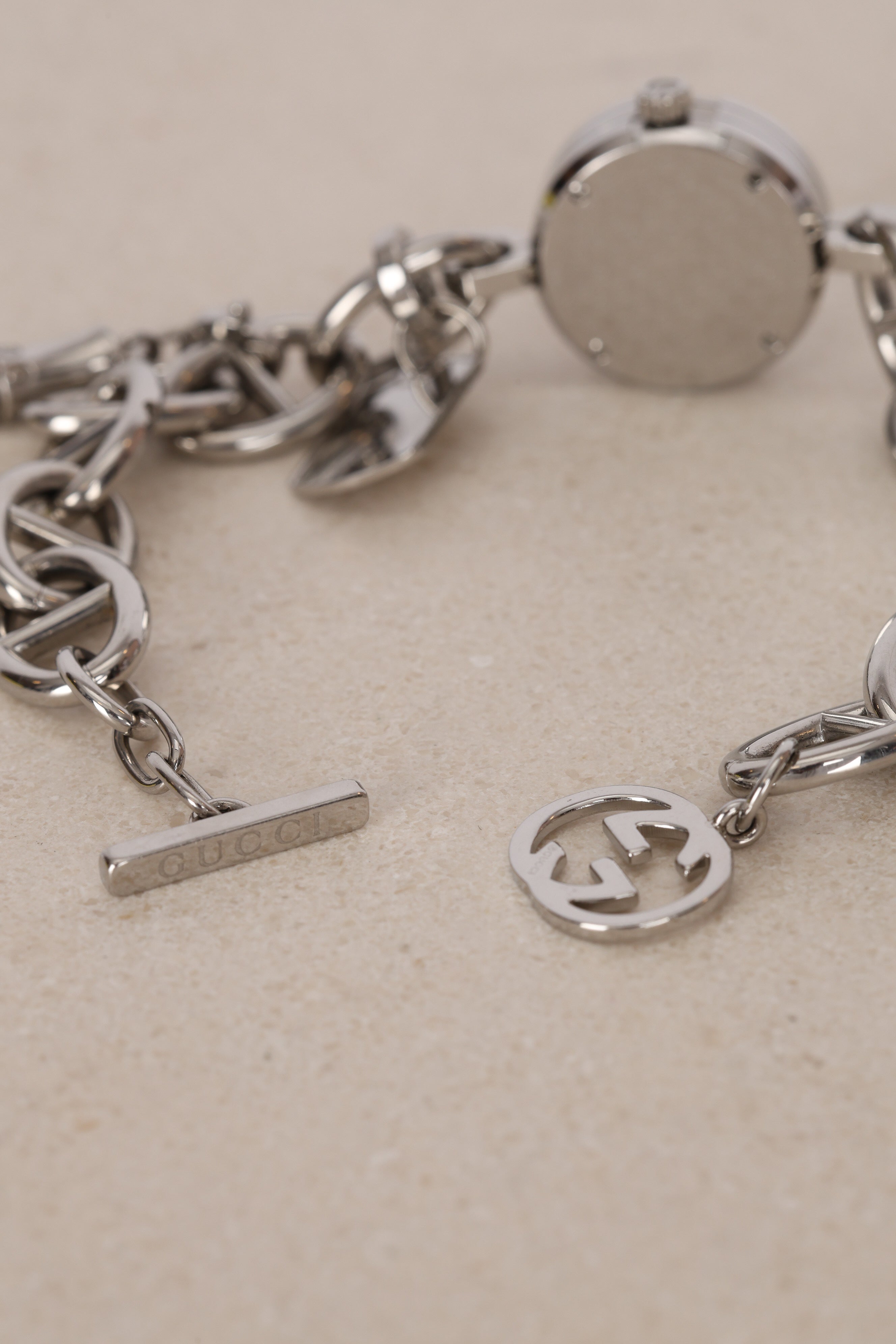 Gucci Stainless Steel Motif Engraved Face Charms Watch 22mm