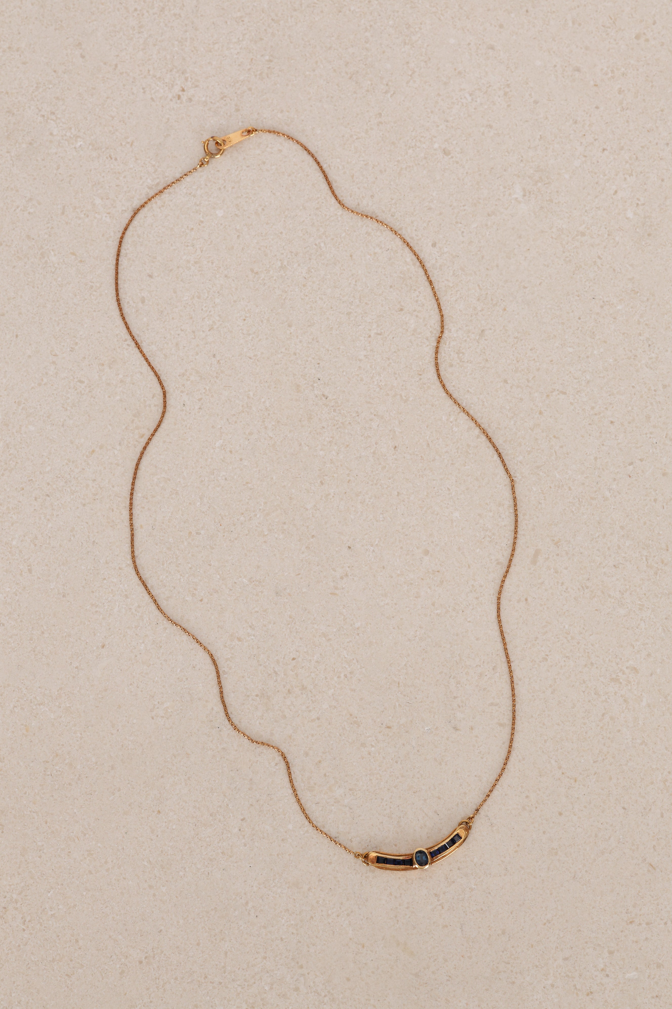 1980s - 1990s 18K Yellow Gold Sapphire Bar Pendant Necklace - Drop 12