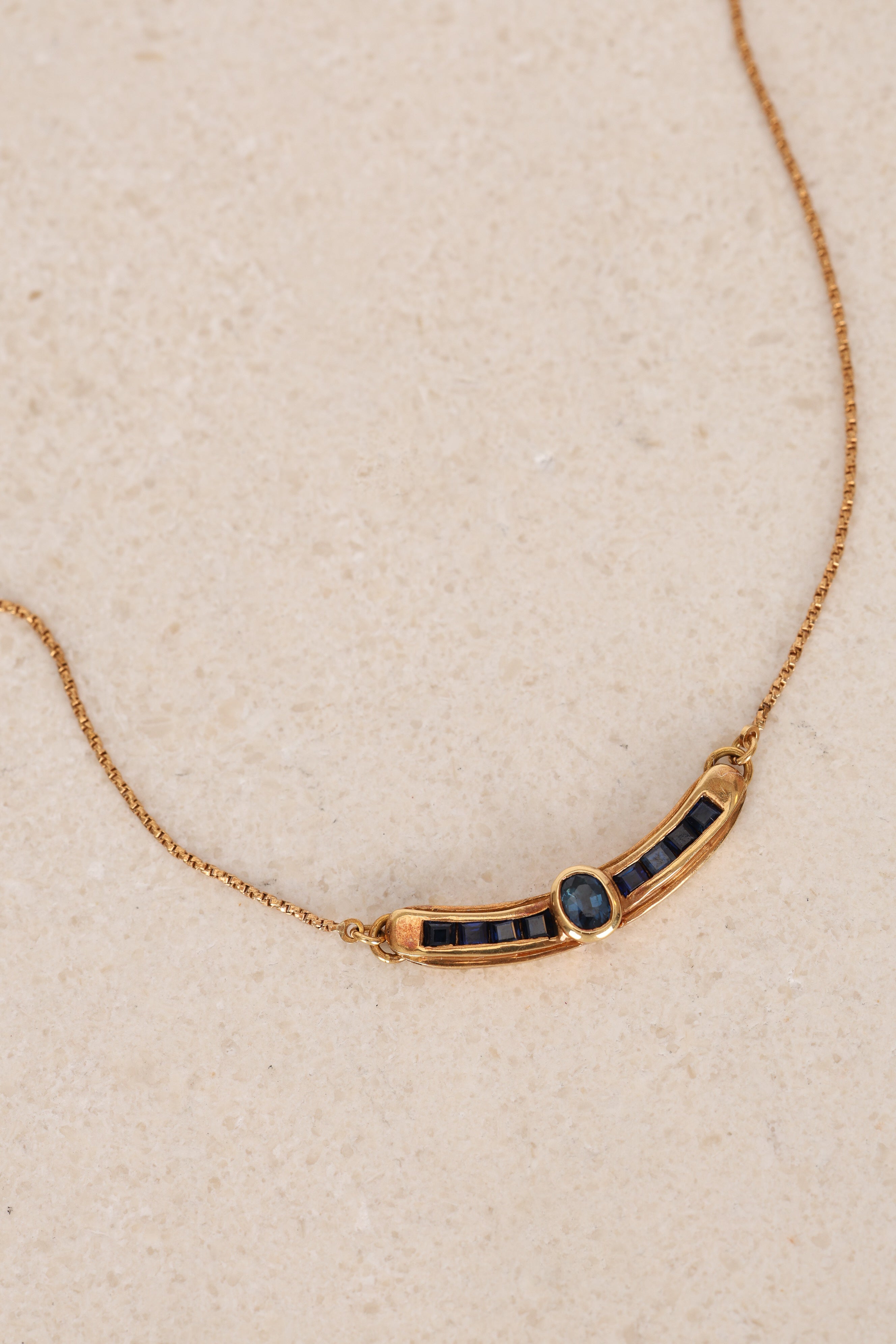 1980s - 1990s 18K Yellow Gold Sapphire Bar Pendant Necklace - Drop 12