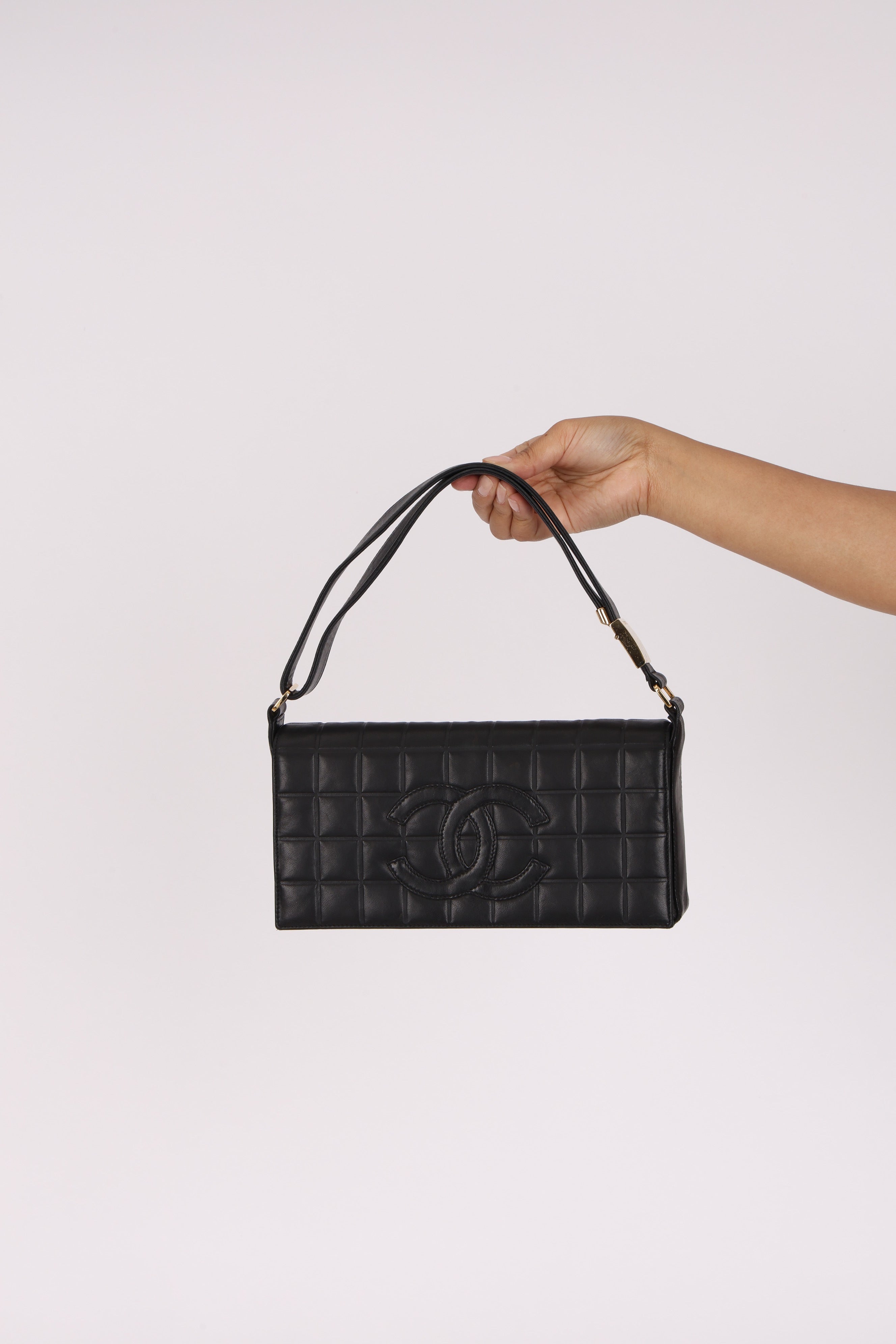 Chanel Chocolate Bar Shoulder Bag Black Lambskin 1996 24K GP (DONE)