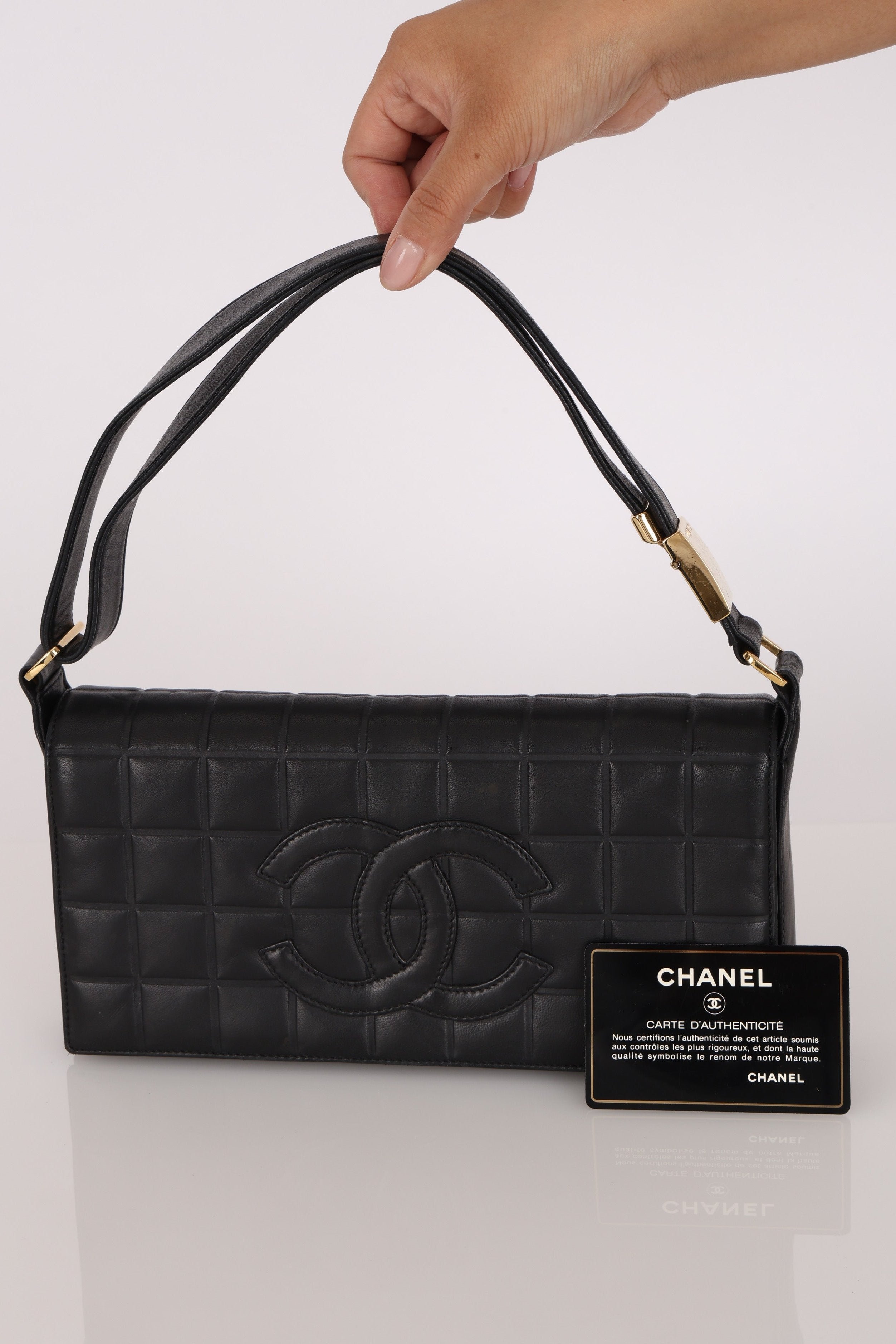 Chanel Chocolate Bar Shoulder Bag Black Lambskin 1996 24K GP (DONE)