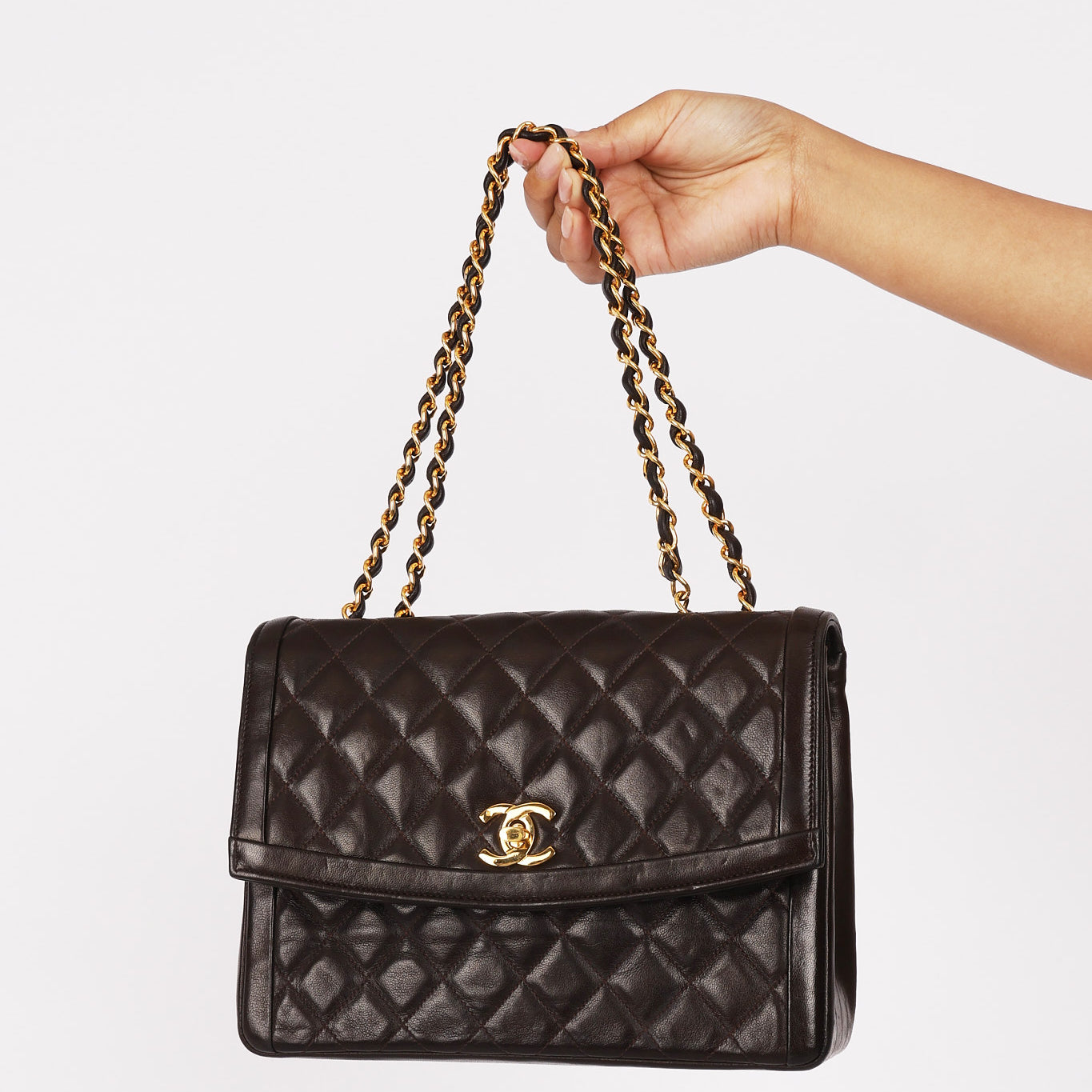 Chanel Frame Single Flap Brown Lambskin 1989 24K GP