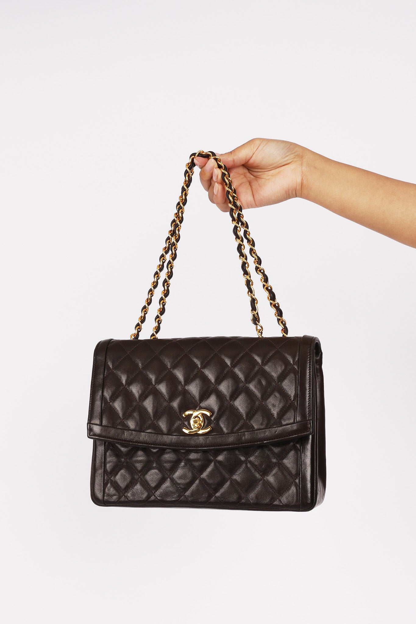 Chanel Frame Single Flap Brown Lambskin 1989 24K GP