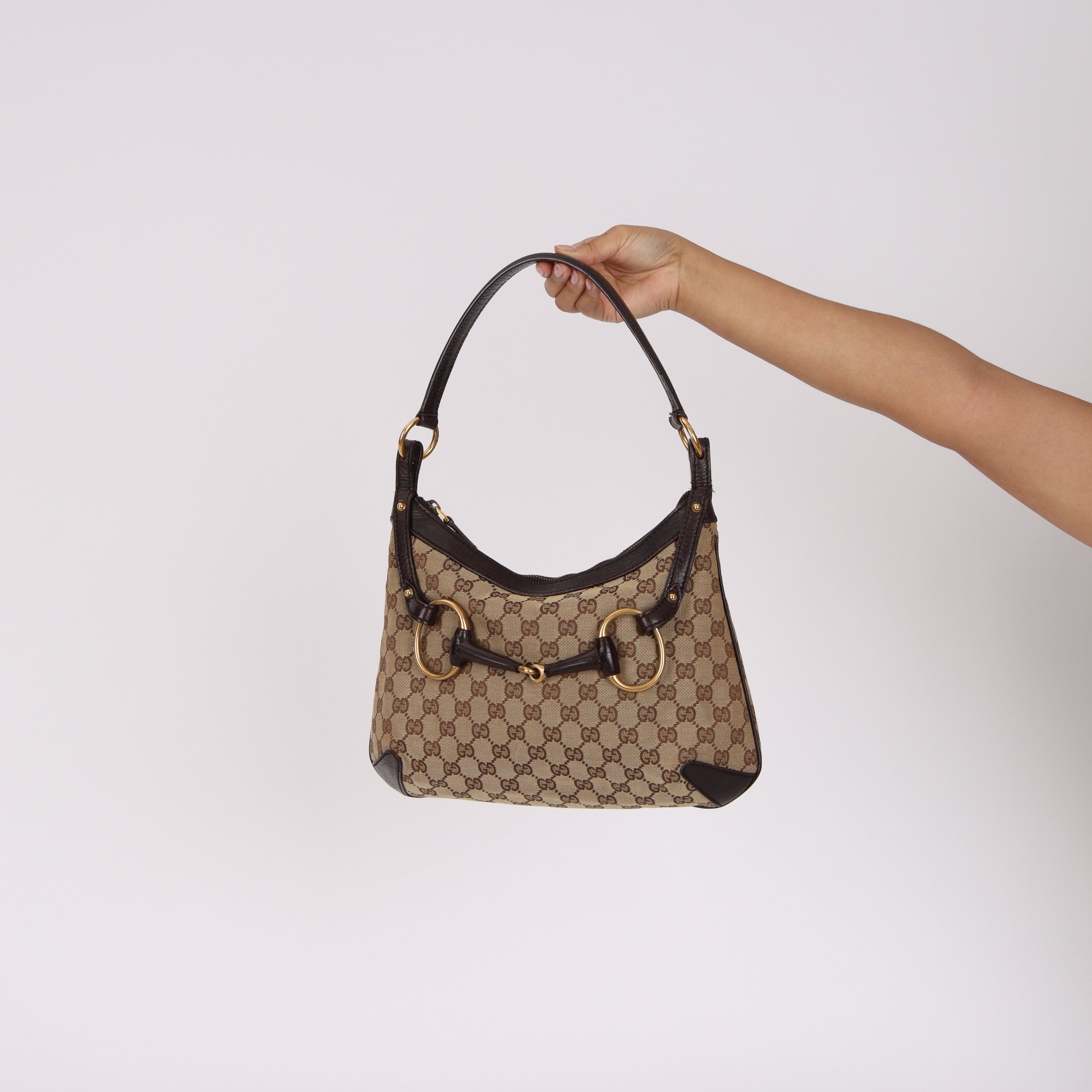 Gucci Horsebit Monogram Canvas Shoulder Bag