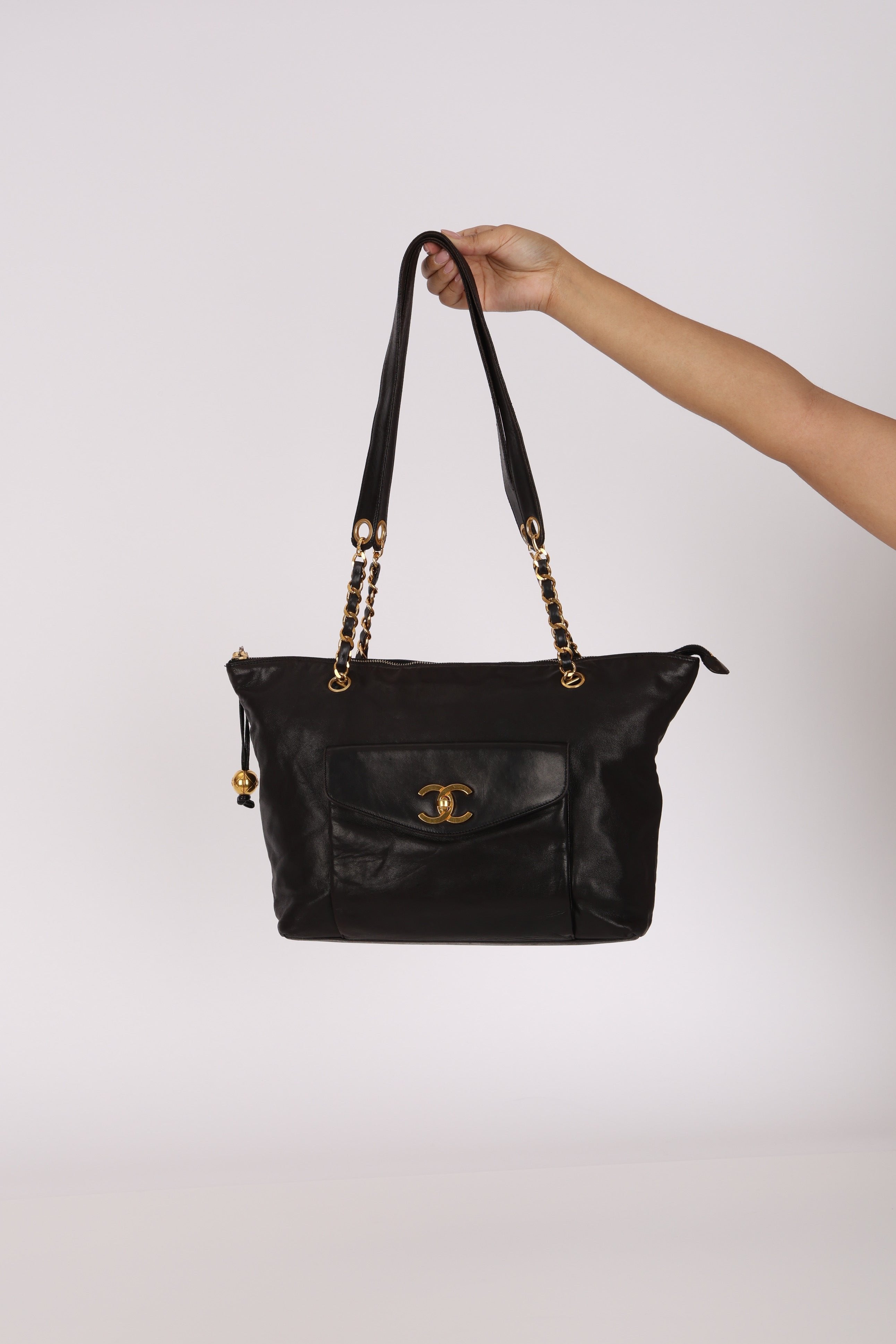 Chanel Front Pocket Tote Black Lambskin 24K GP