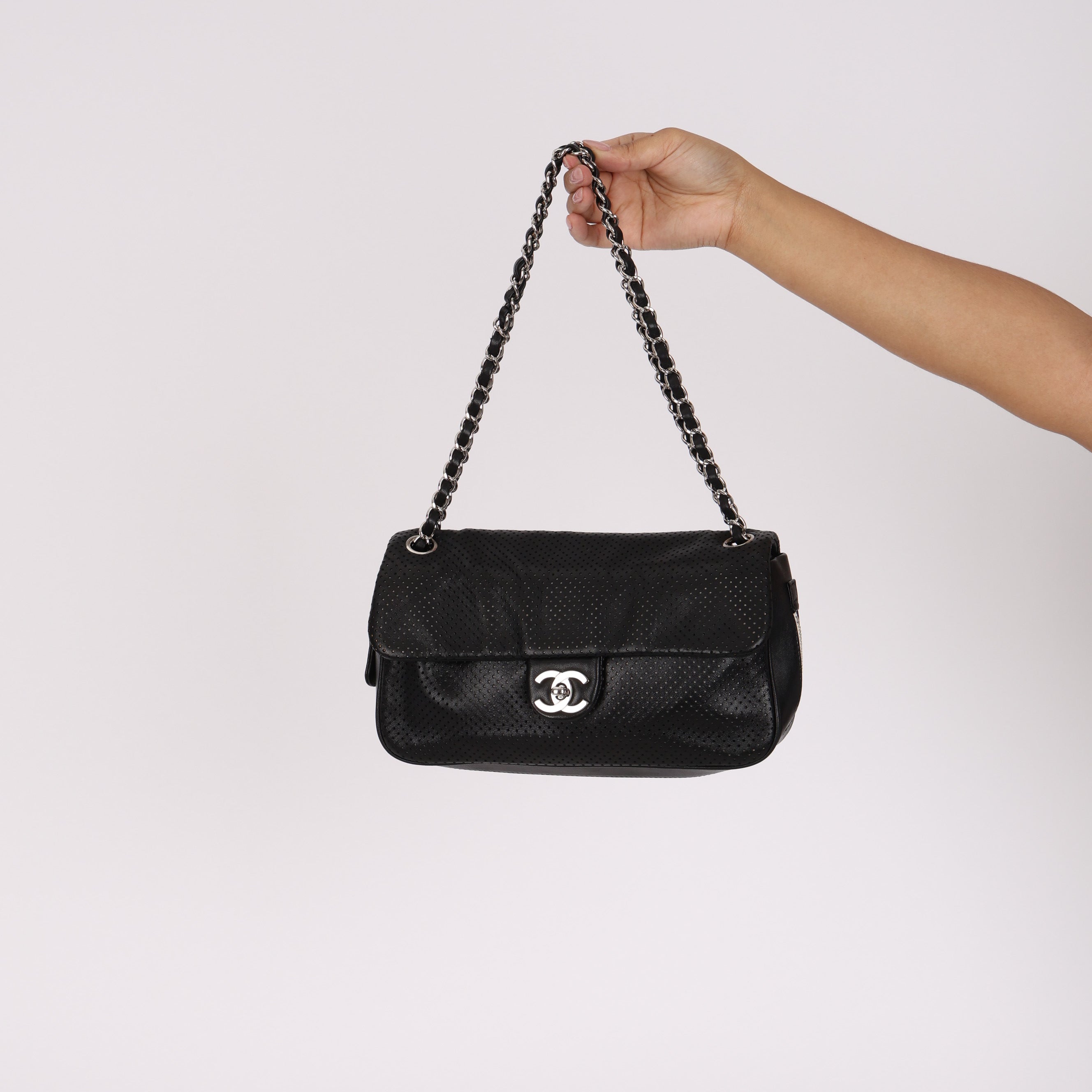 Chanel Perforated Single Flap Black Calfskin SHW