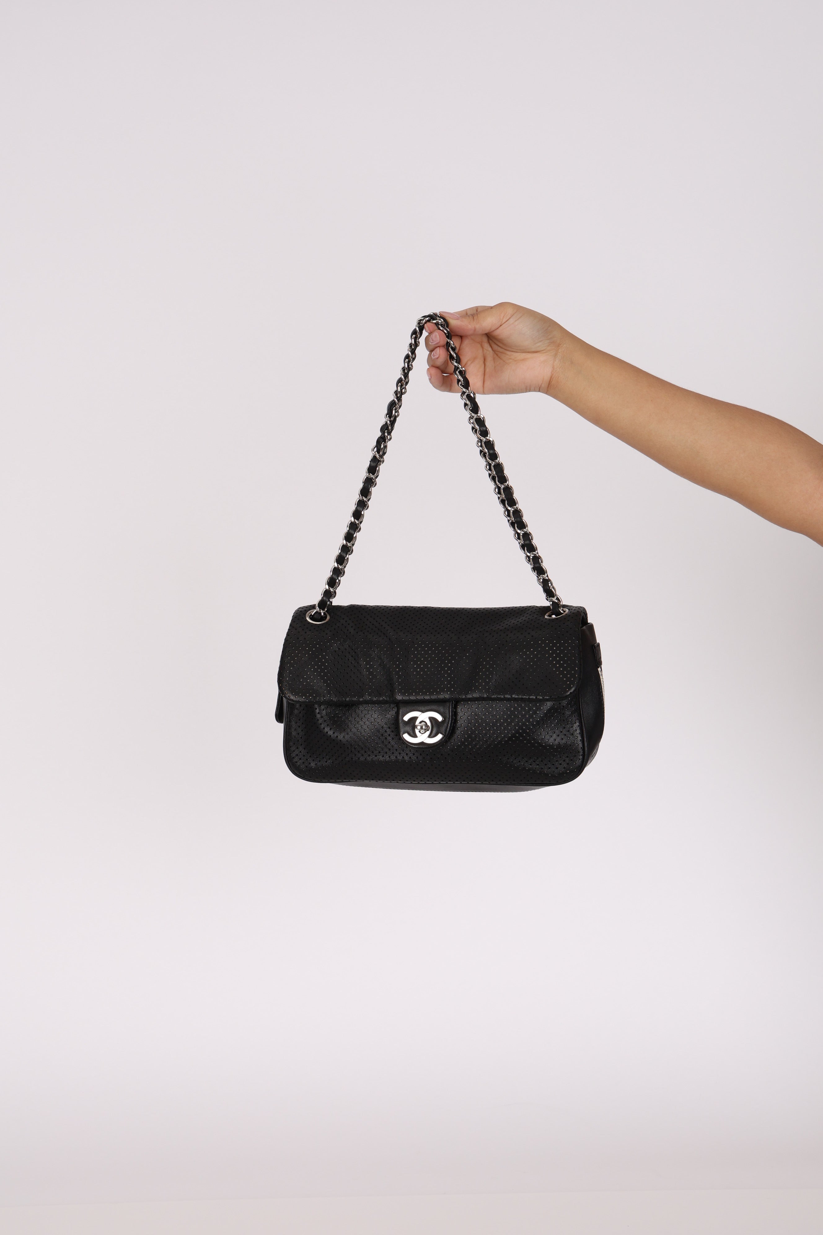 Chanel Perforated Single Flap Black Calfskin SHW