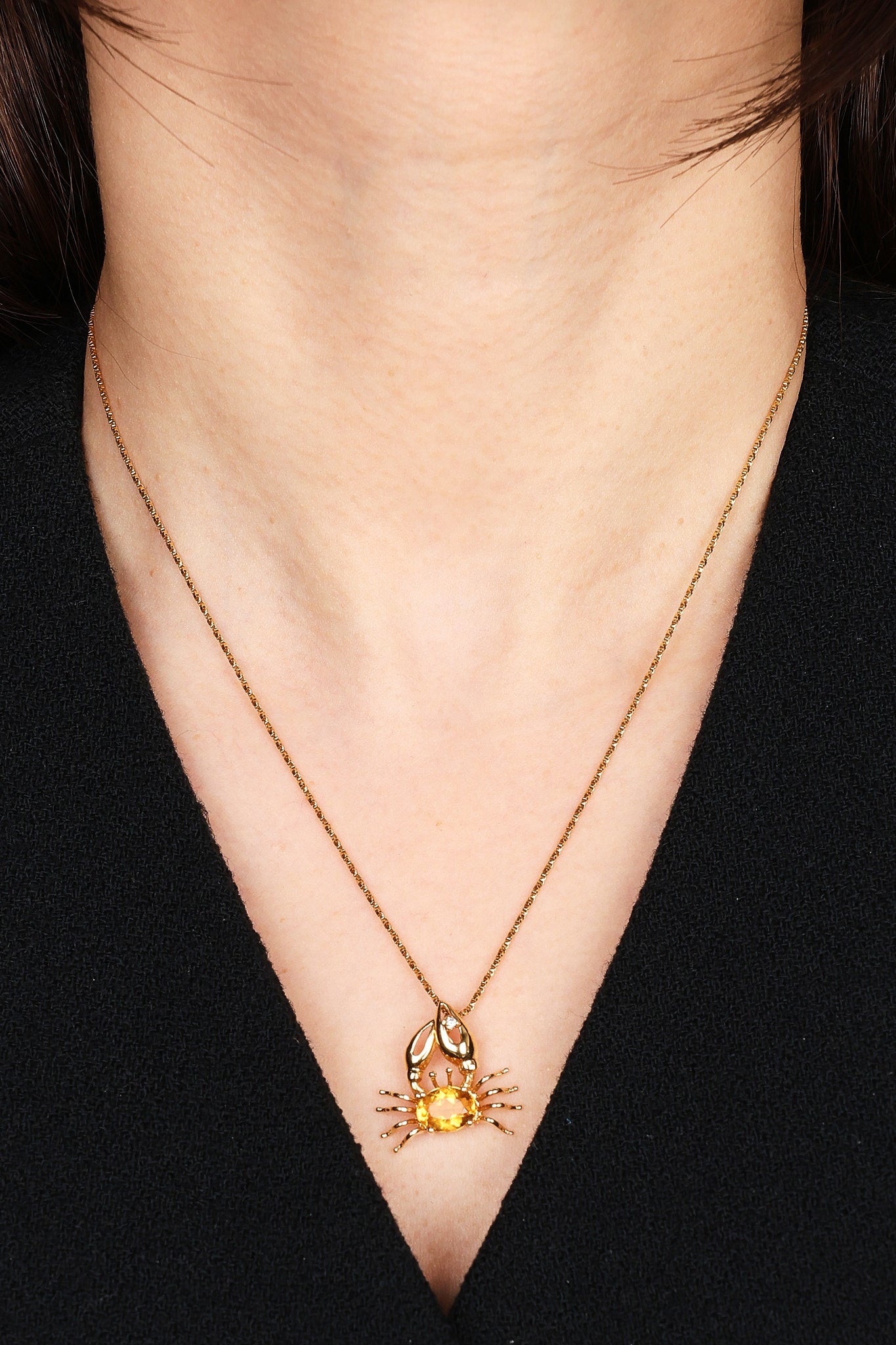 18K Yellow Gold Citrine and Diamond Crab Charm Necklace