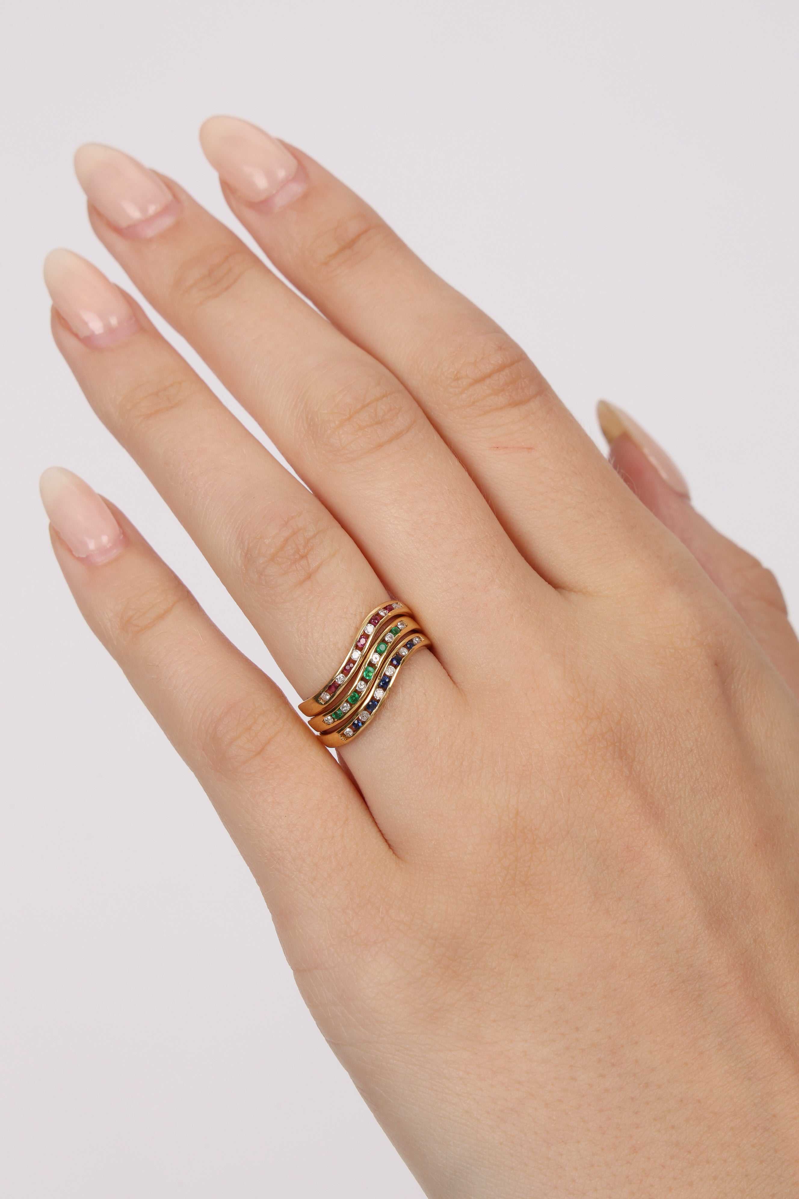 18K Gold Sapphire, Ruby, Emerald Diamond Ring Set