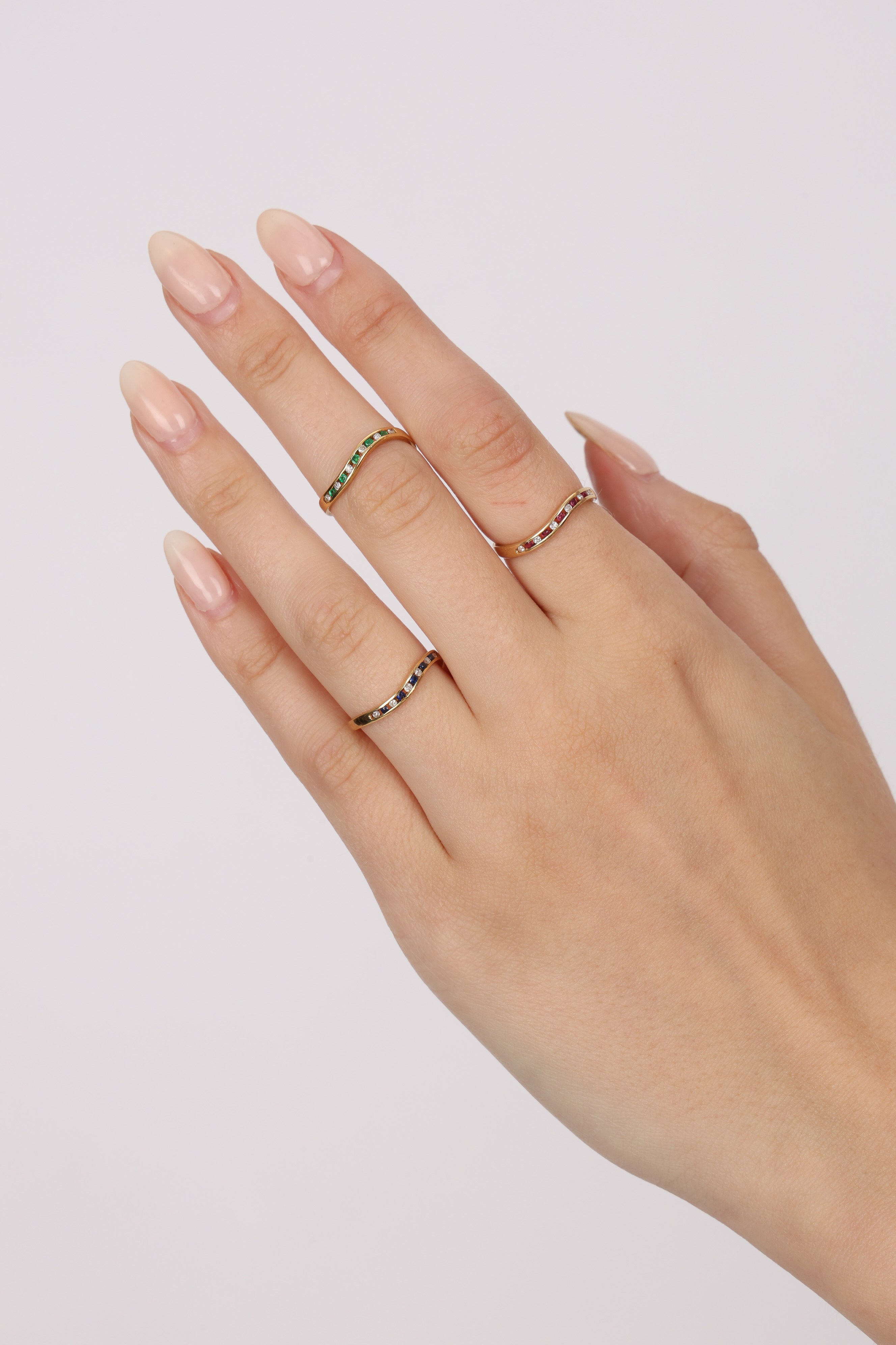 18K Gold Sapphire, Ruby, Emerald Diamond Ring Set