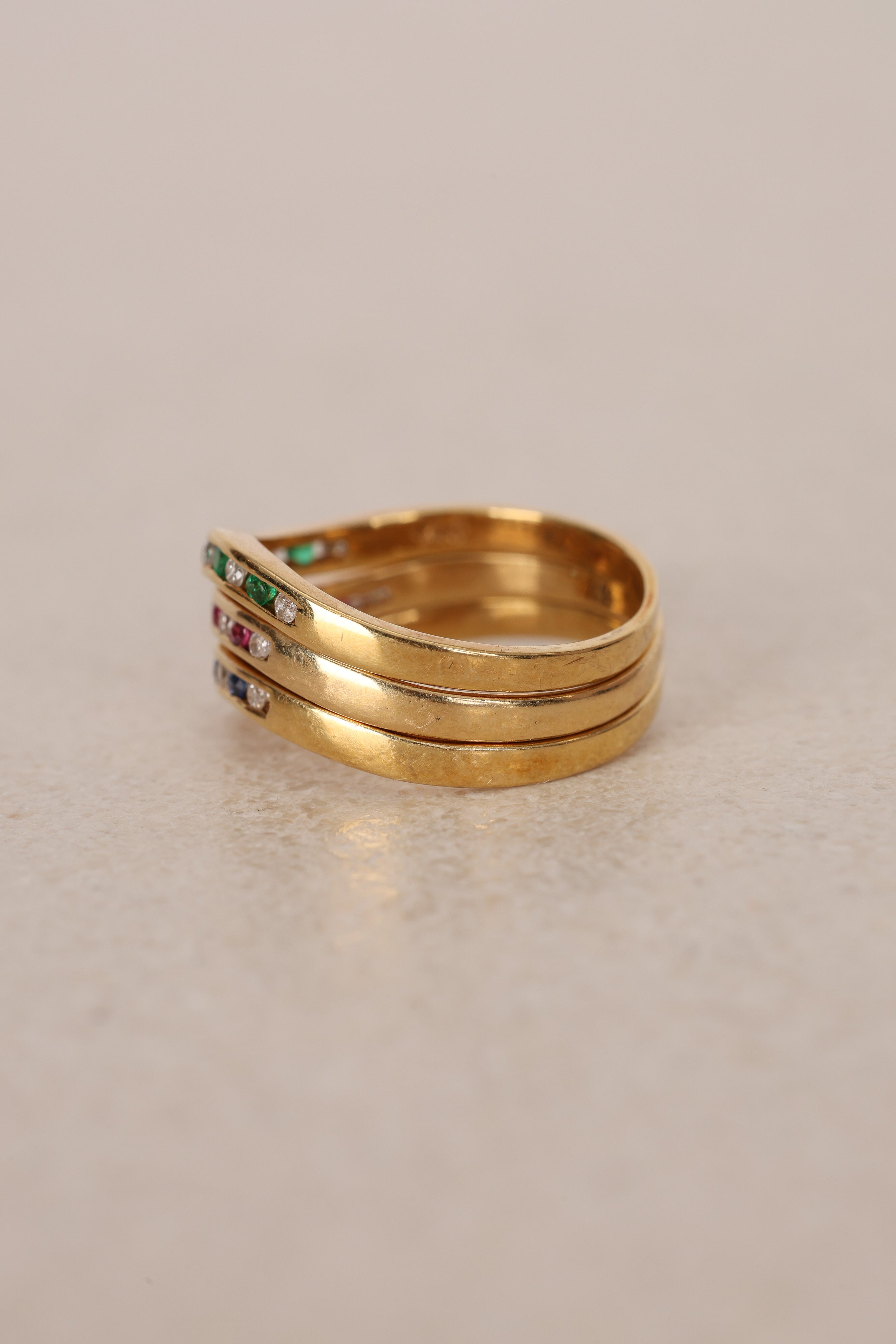 18K Gold Sapphire, Ruby, Emerald Diamond Ring Set
