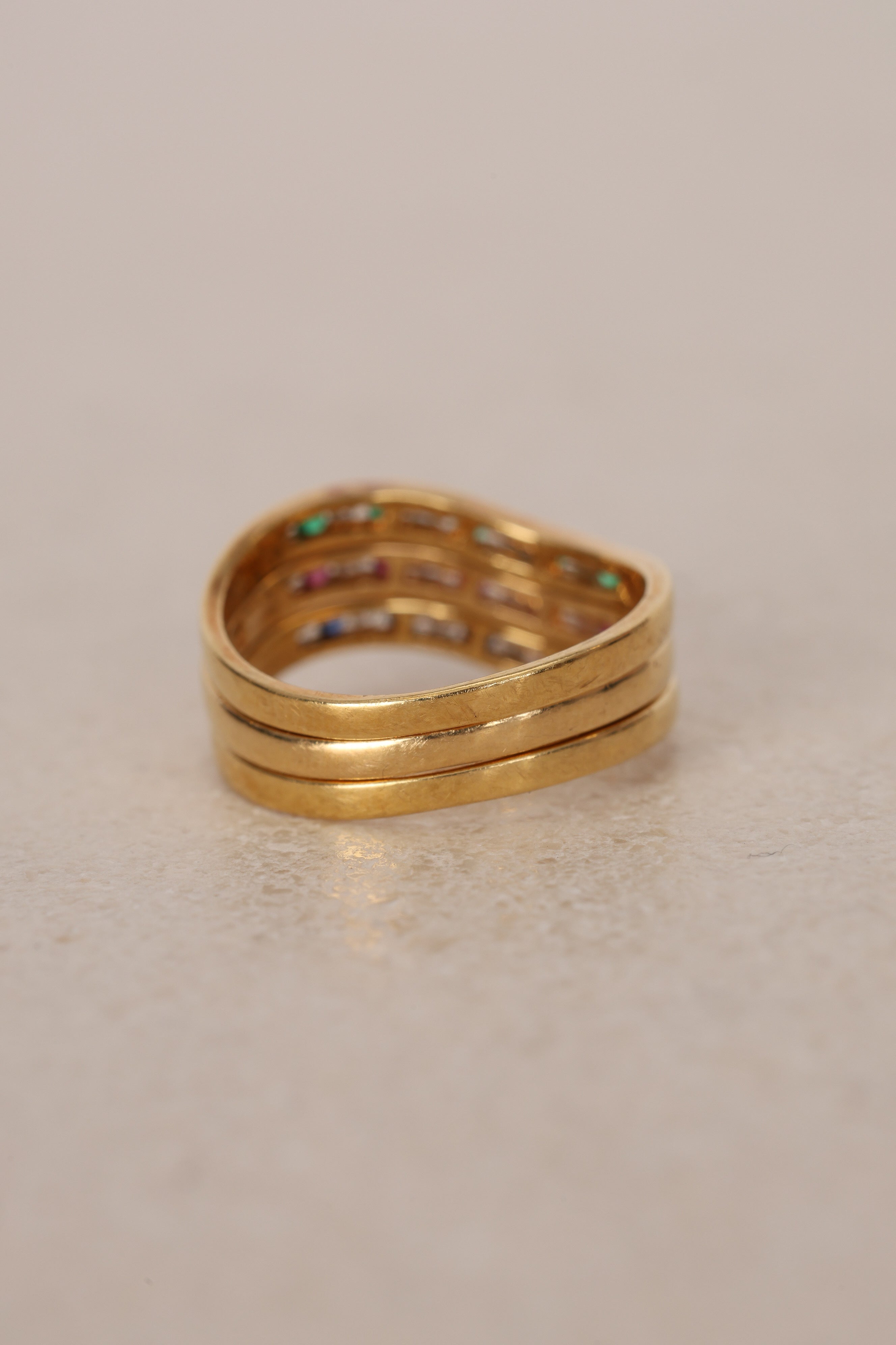 18K Gold Sapphire, Ruby, Emerald Diamond Ring Set
