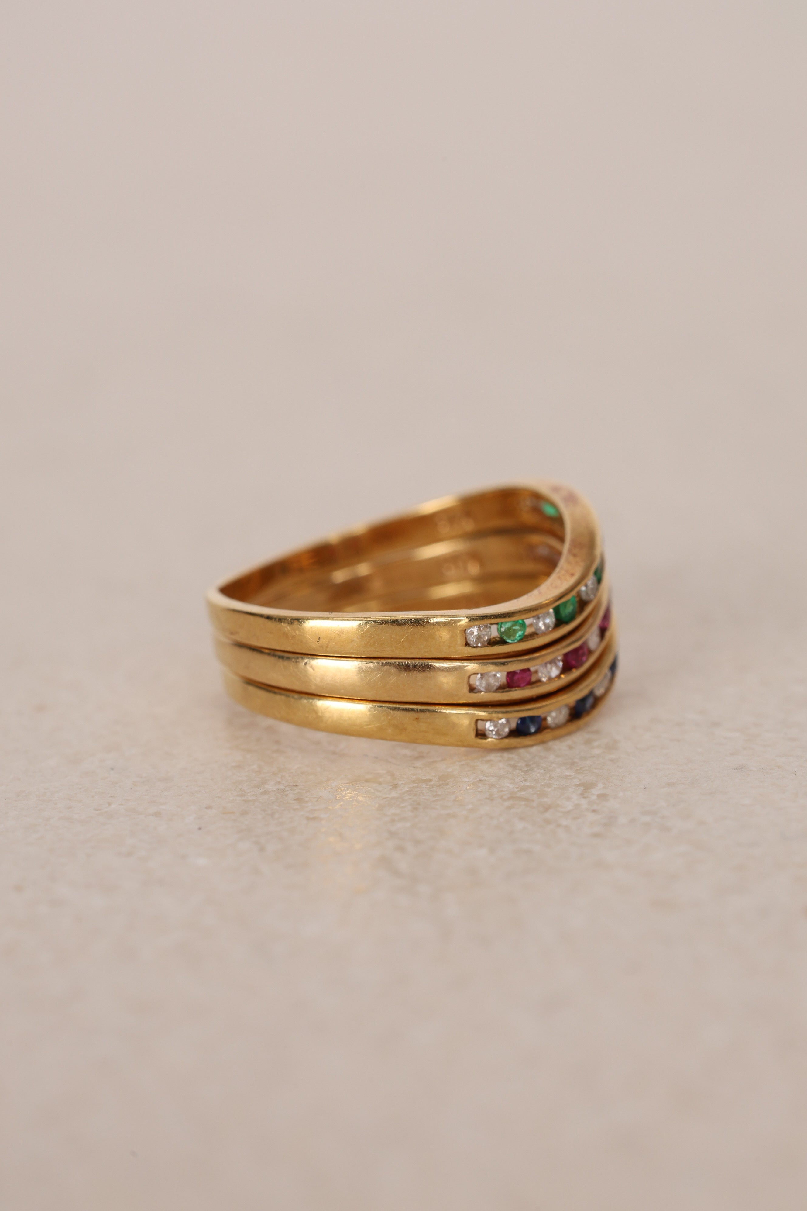 18K Gold Sapphire, Ruby, Emerald Diamond Ring Set