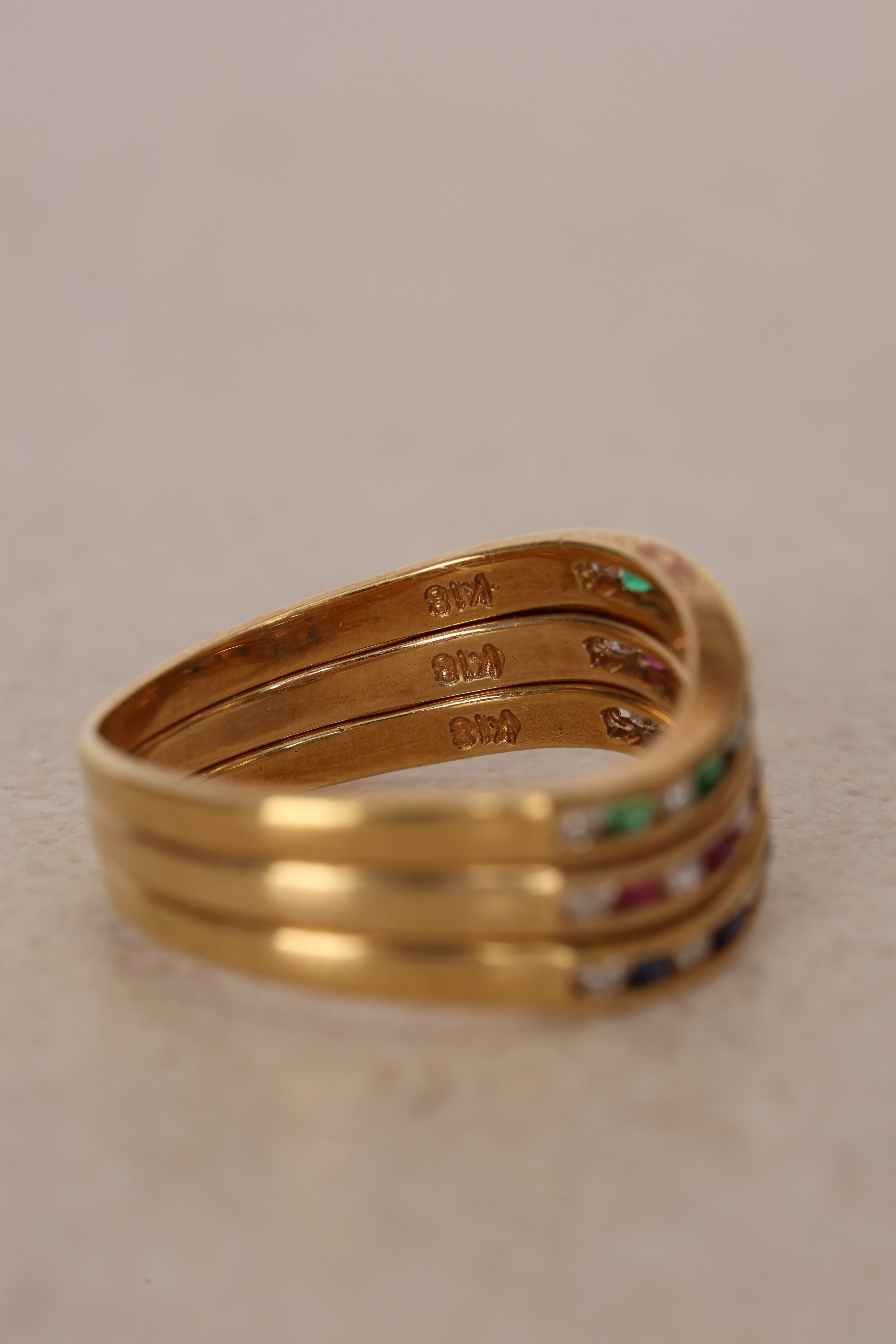 18K Gold Sapphire, Ruby, Emerald Diamond Ring Set