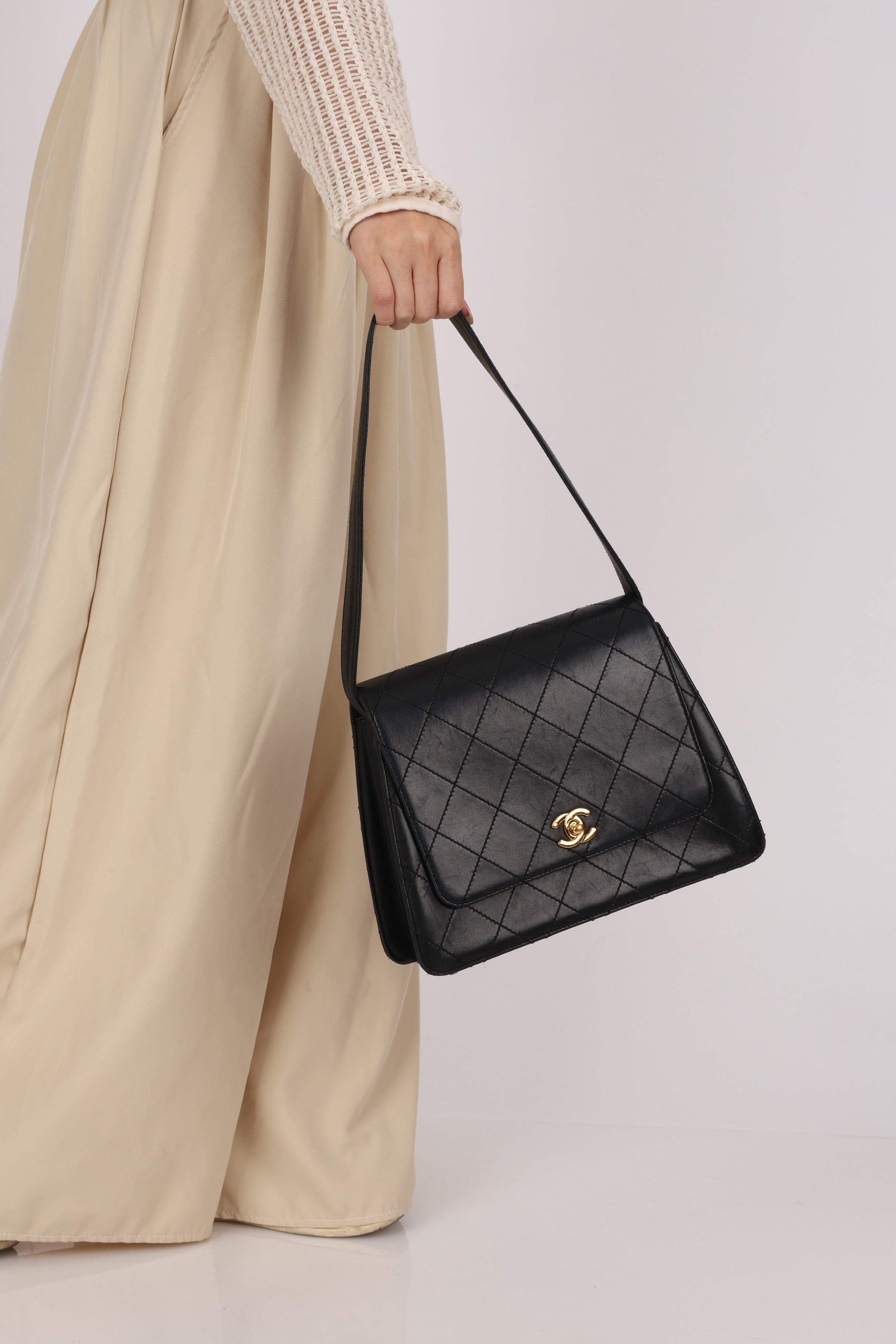 Chanel Kelly Shoulder Bag Black Lambskin 1997 24K GP