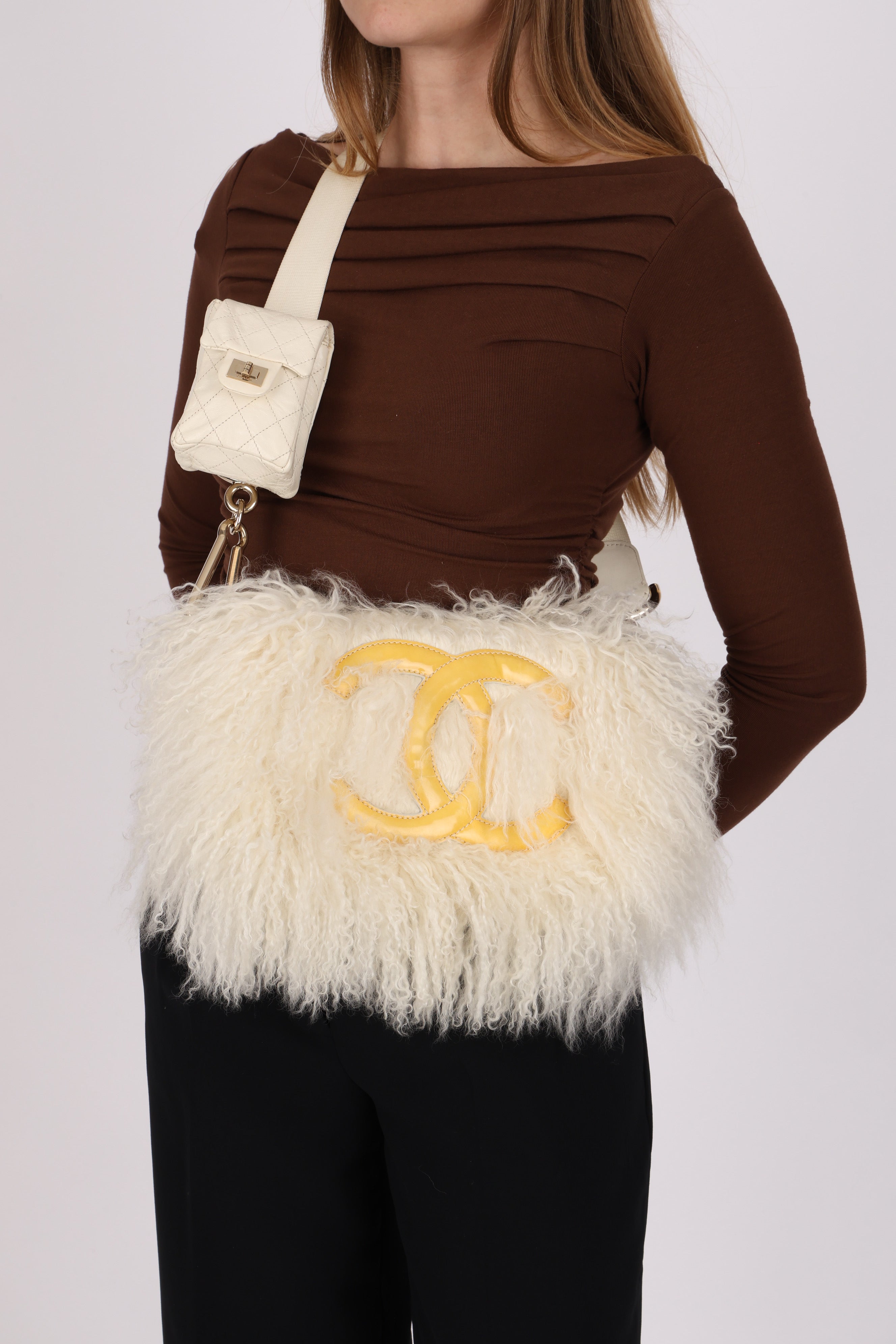 Chanel Shearling Fur Single Flap with 2.55 Mini Pouch White CGHW