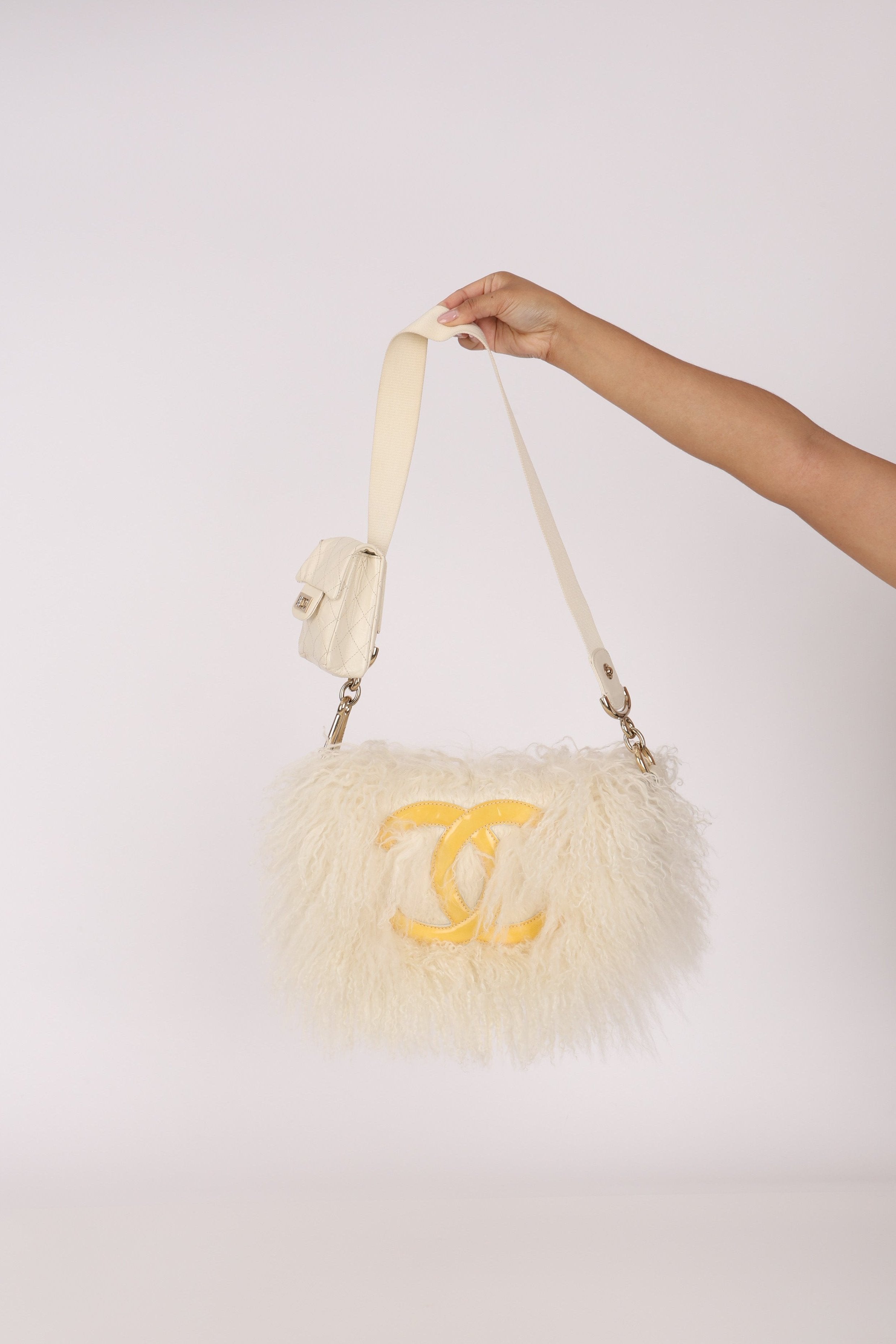 Chanel Shearling Fur Single Flap with 2.55 Mini Pouch White CGHW