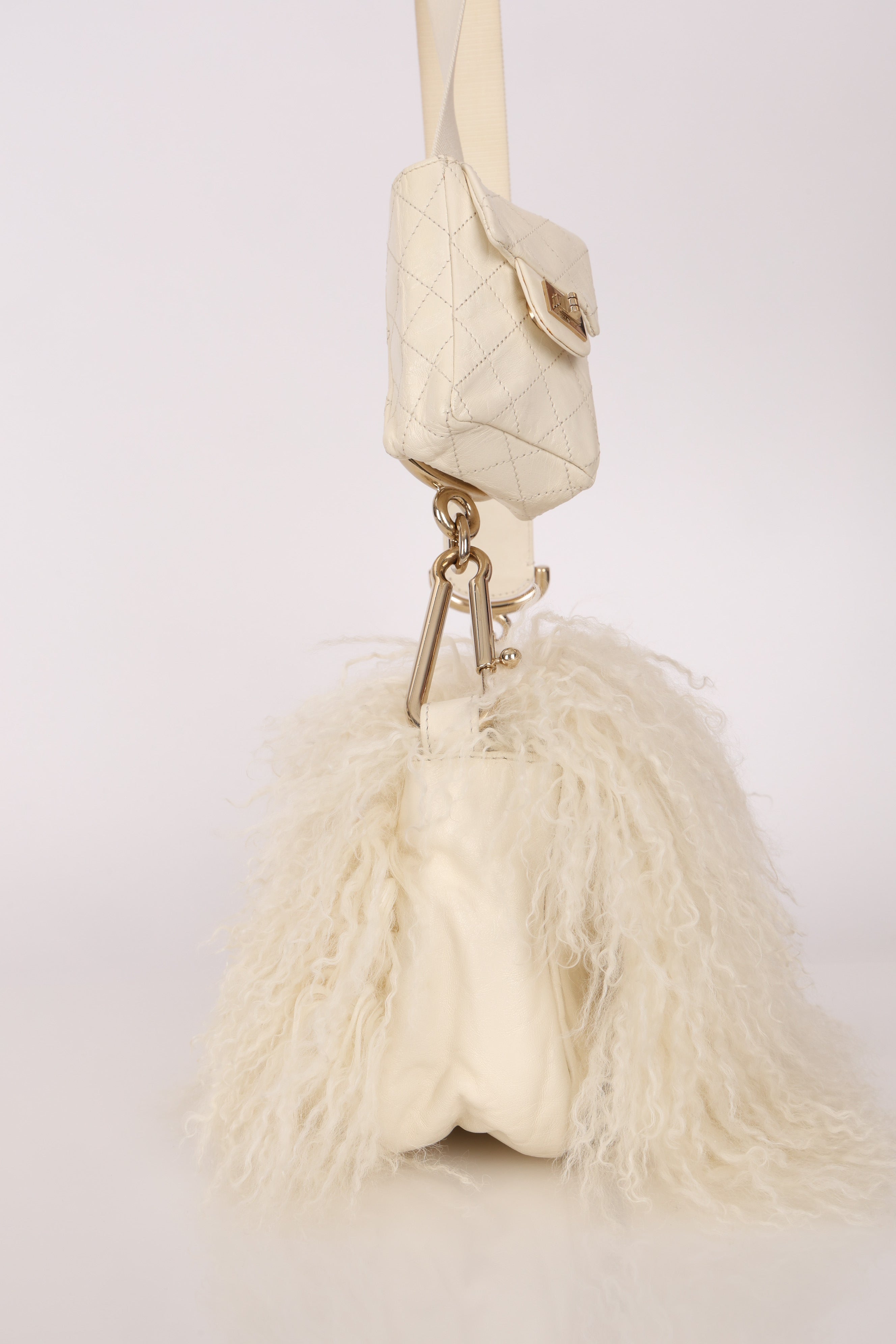 Chanel Shearling Fur Single Flap with 2.55 Mini Pouch White CGHW
