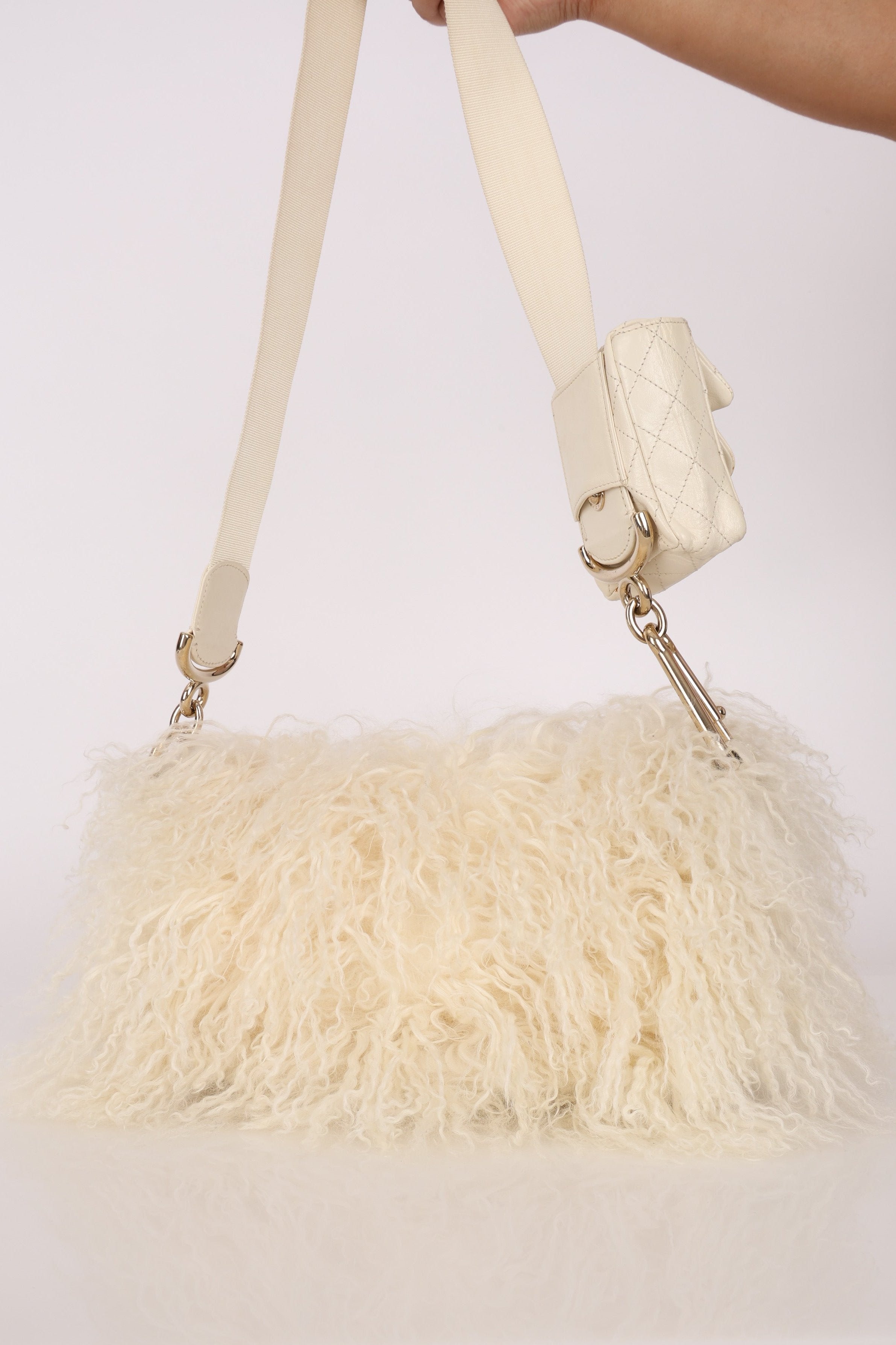 Chanel Shearling Fur Single Flap with 2.55 Mini Pouch White CGHW
