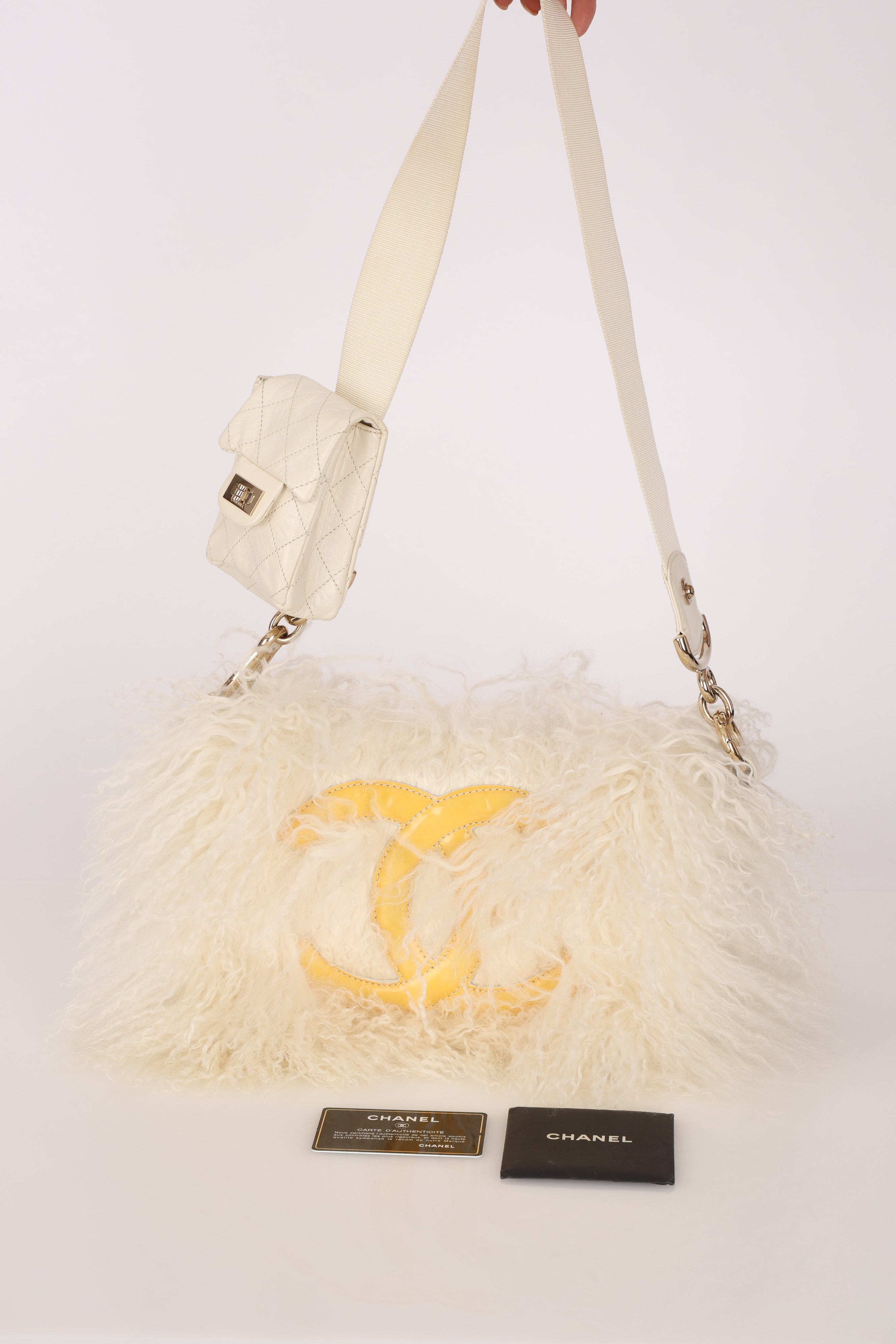 Chanel Shearling Fur Single Flap with 2.55 Mini Pouch White CGHW