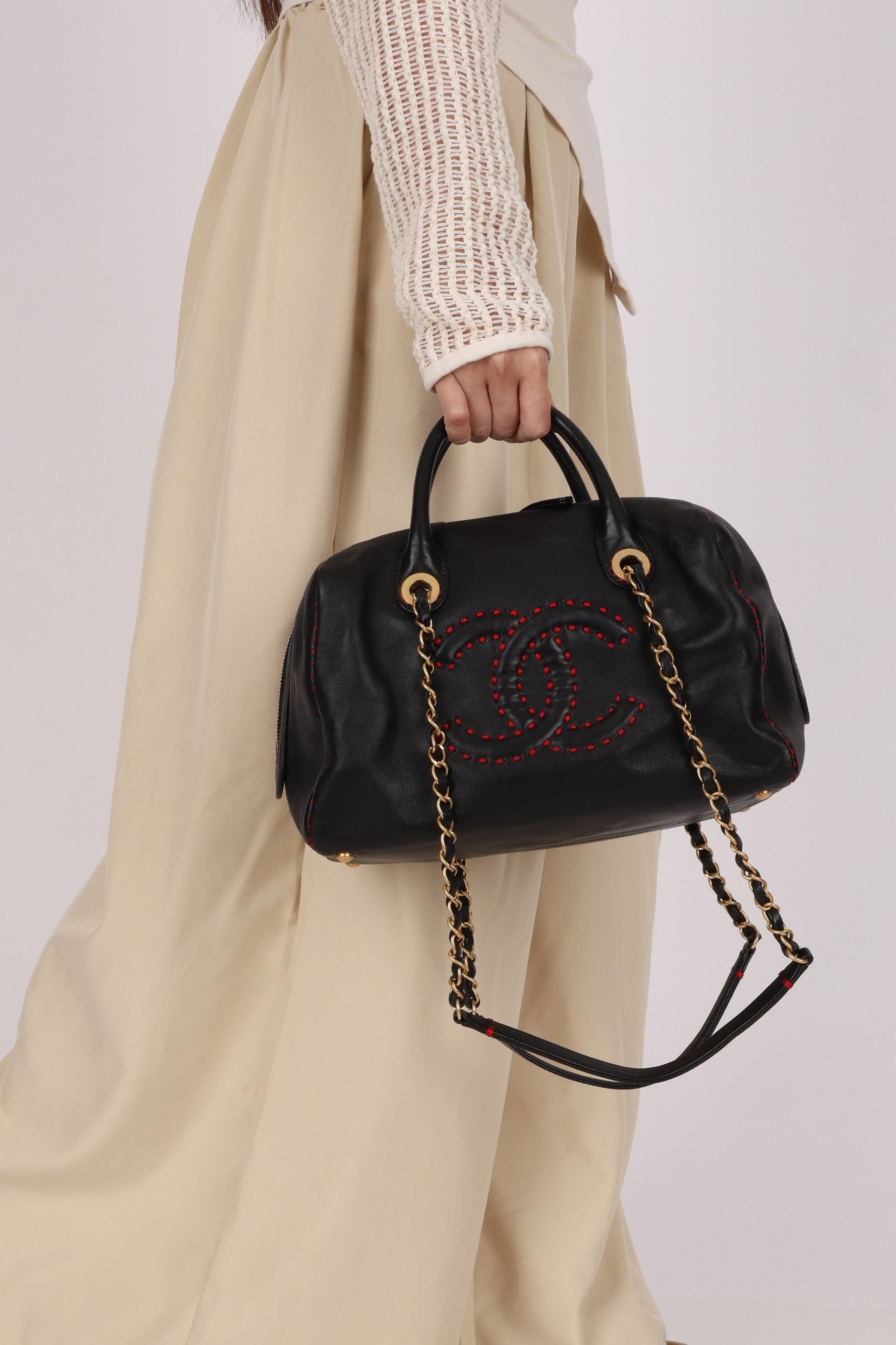 Chanel Stitched CC Bowling Bag Black Calfskin 2016 AGHW