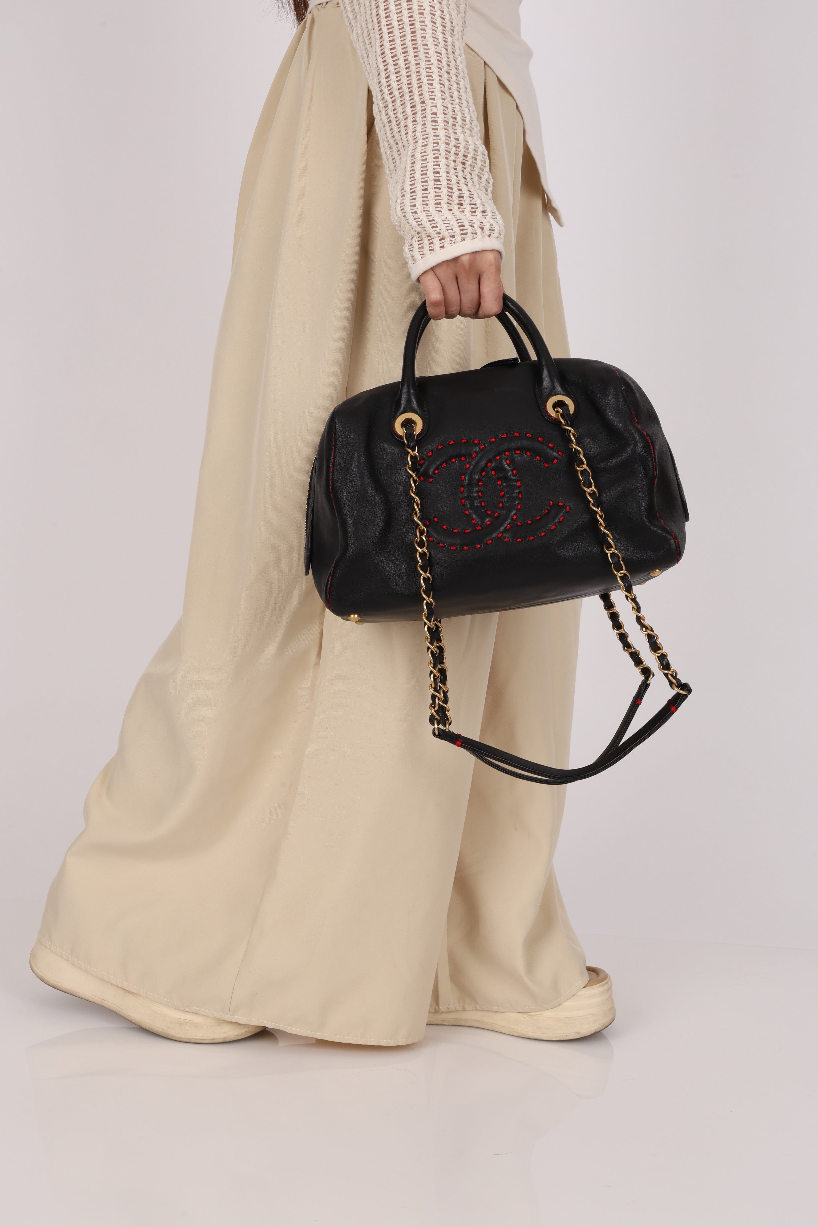 Chanel Stitched CC Bowling Bag Black Calfskin 2016 AGHW