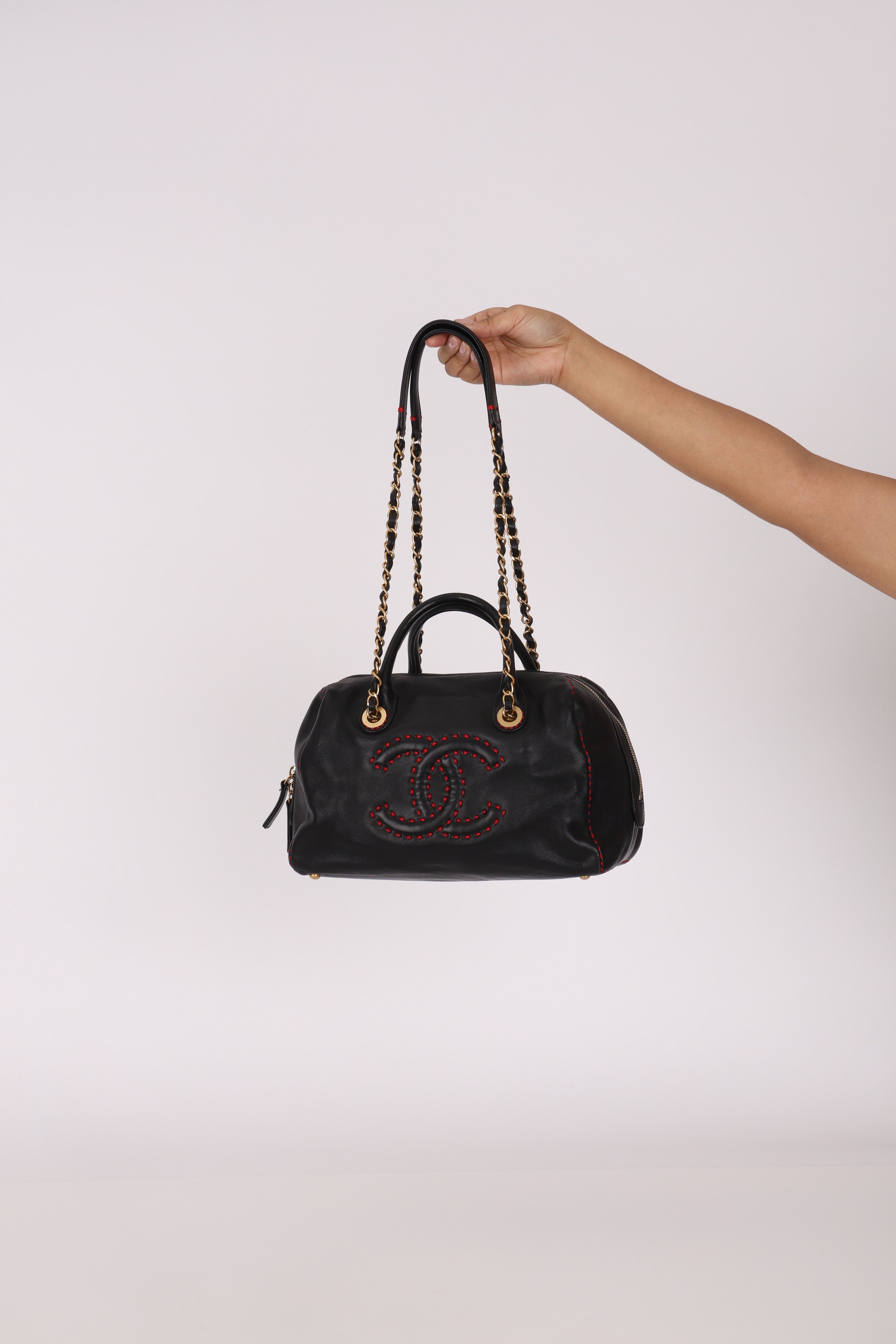 Chanel Stitched CC Bowling Bag Black Calfskin AGHW