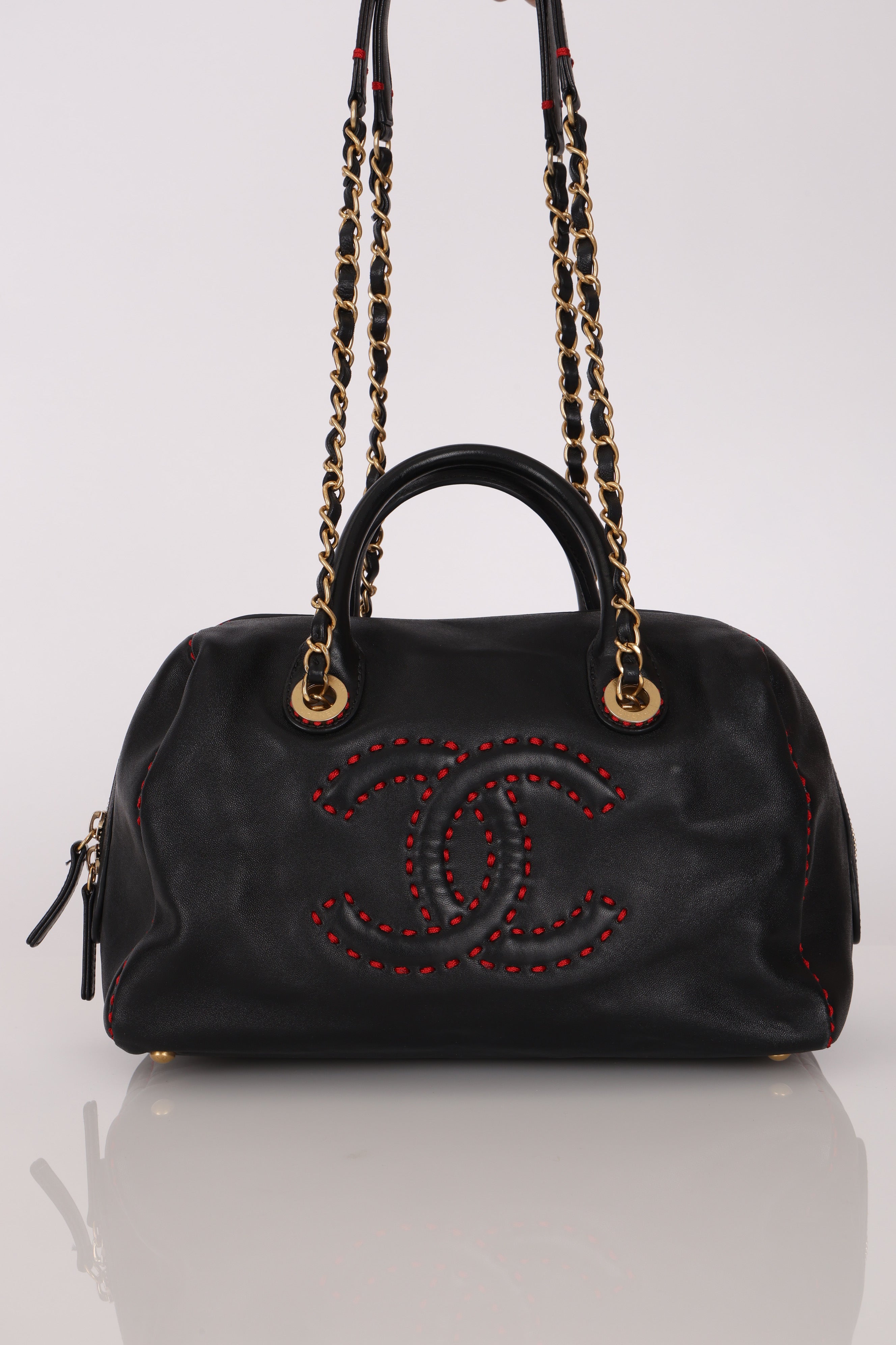 Chanel Stitched CC Bowling Bag Black Calfskin AGHW