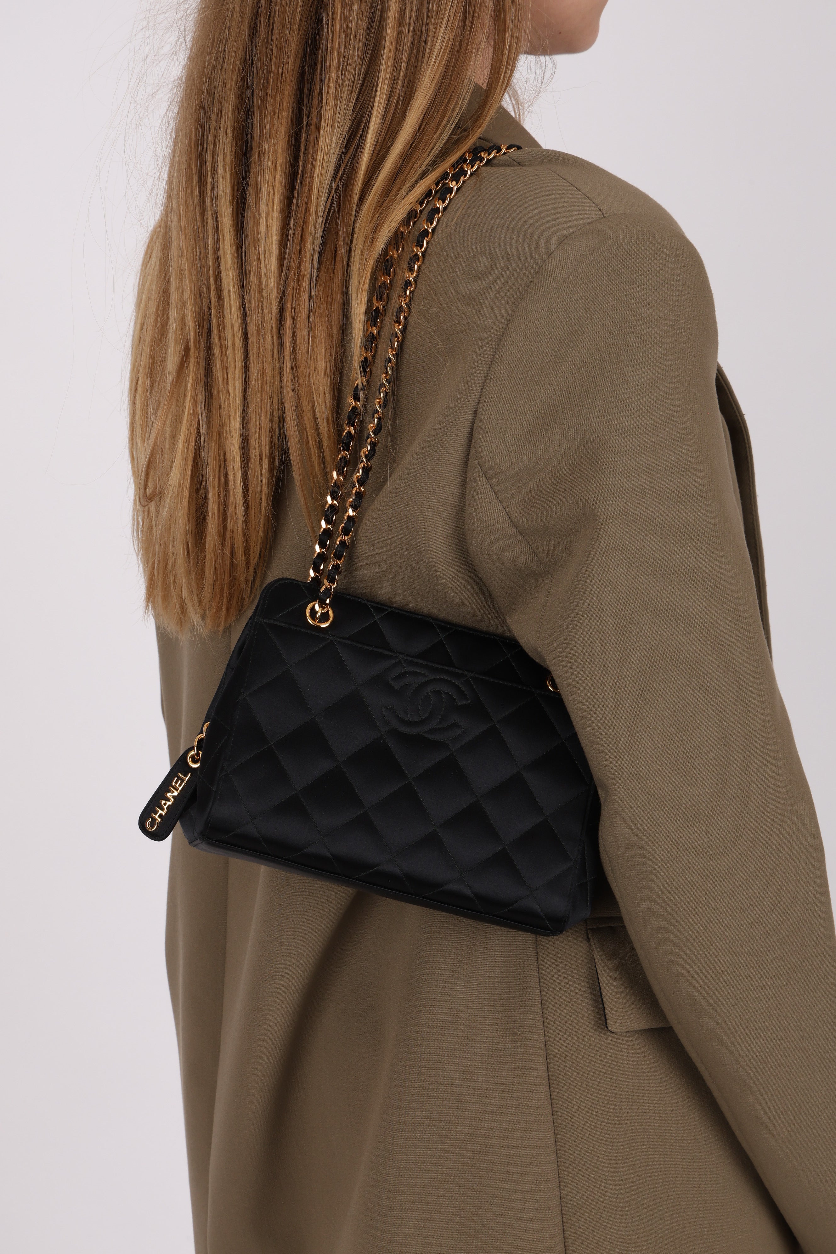 Chanel CC Shoulder Bag Black Satin 24K GP