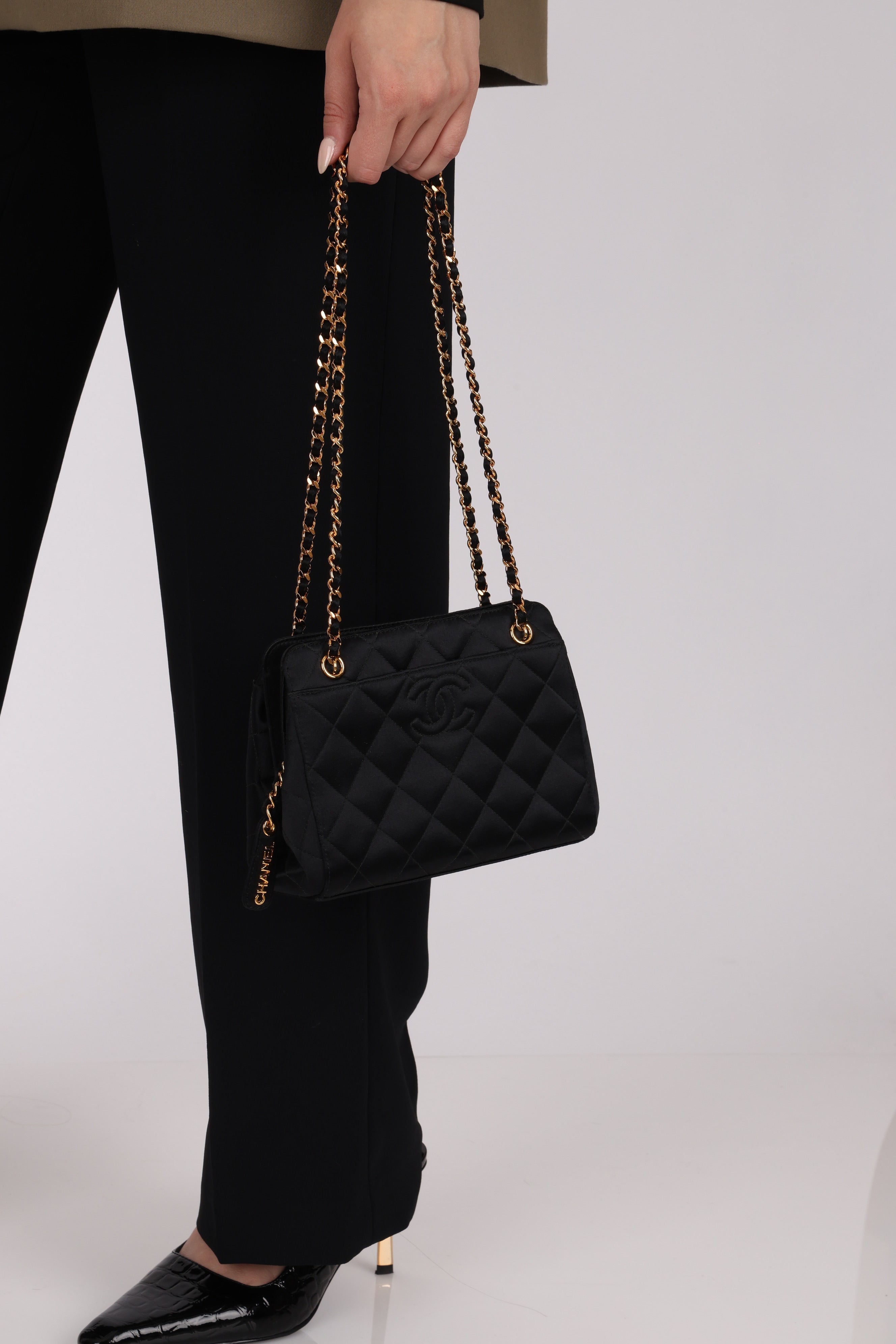 Chanel CC Shoulder Bag Black Satin 24K GP