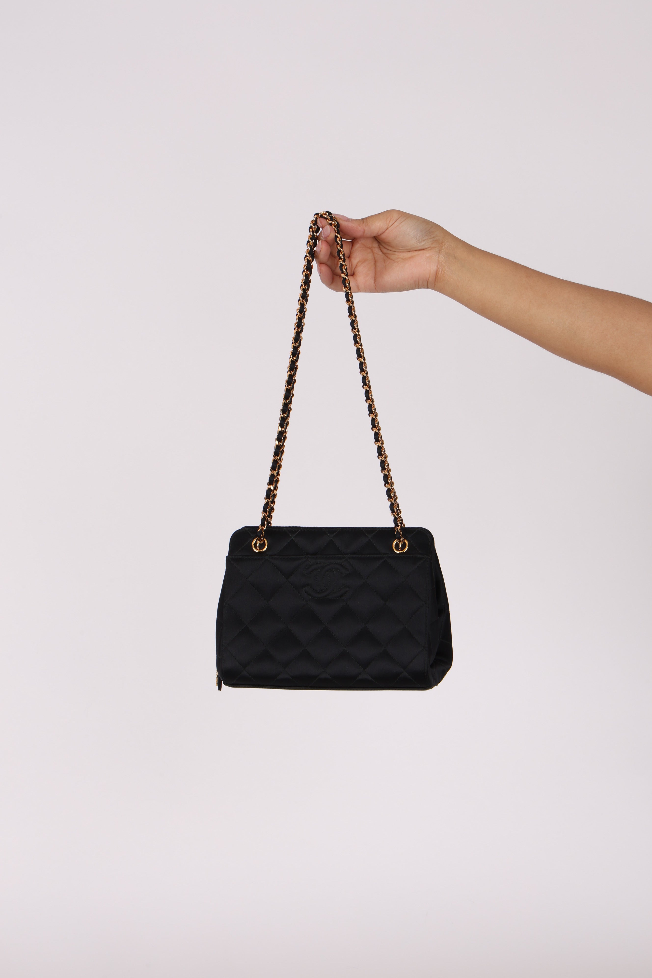 Chanel CC Shoulder Bag Black Satin 24K GP