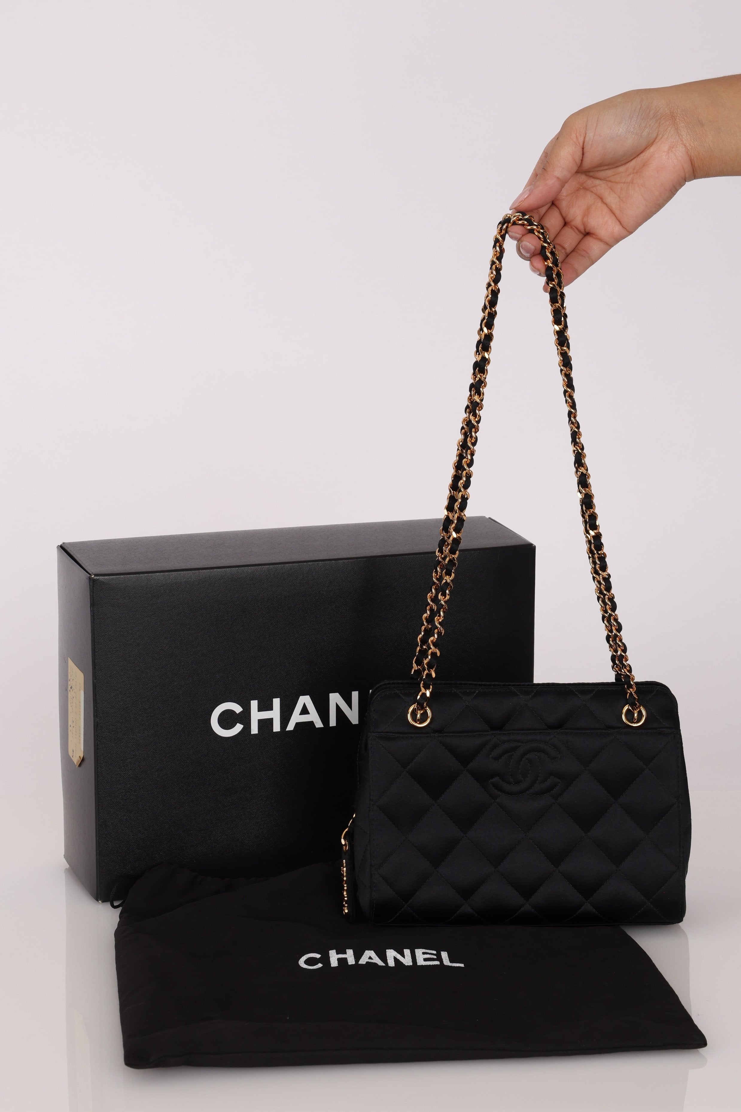 Chanel CC Shoulder Bag Black Satin 24K GP