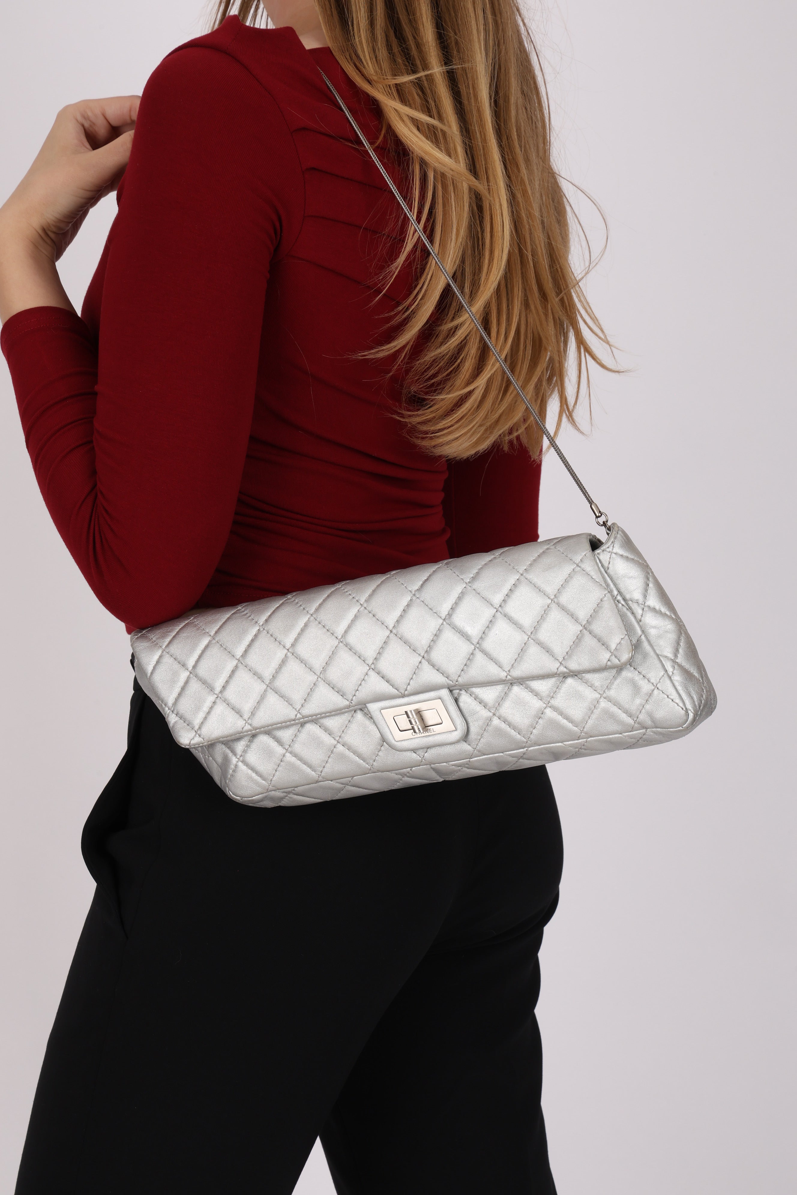 Chanel 2.55 Reissue Clutch with Chain Metallic Silver Lambskin BSHW