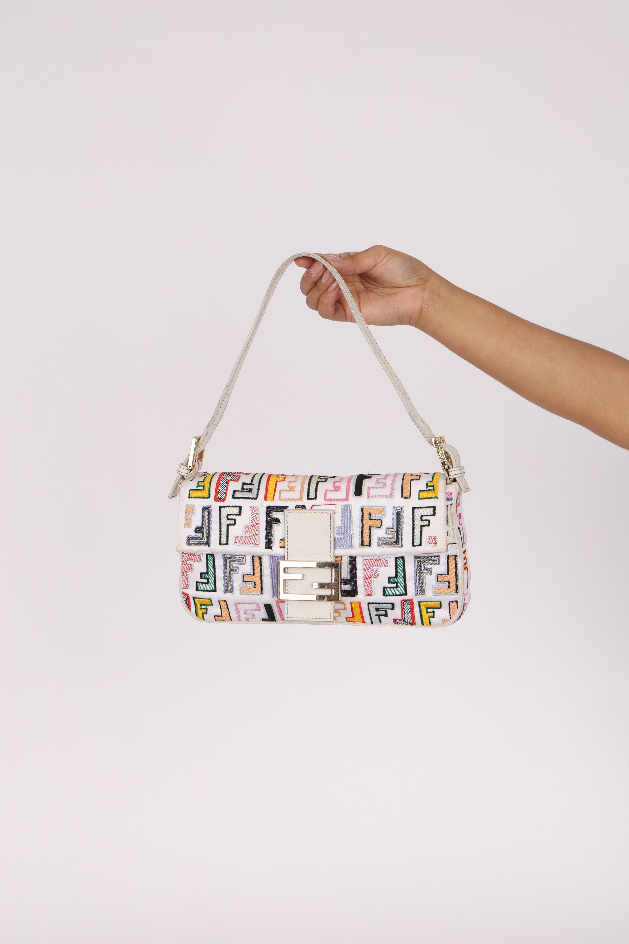 Fendi Zucca Multicolor Embroidered White Baguette