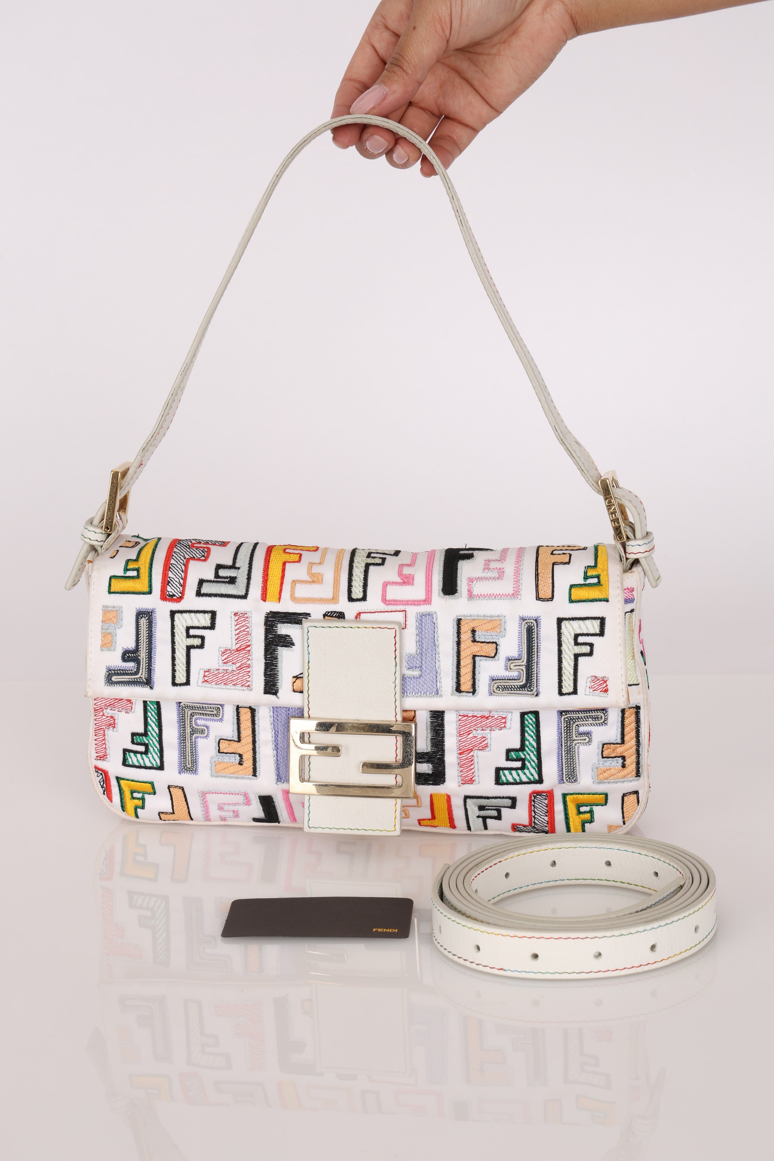 Fendi Zucca Multicolor Embroidered White Baguette