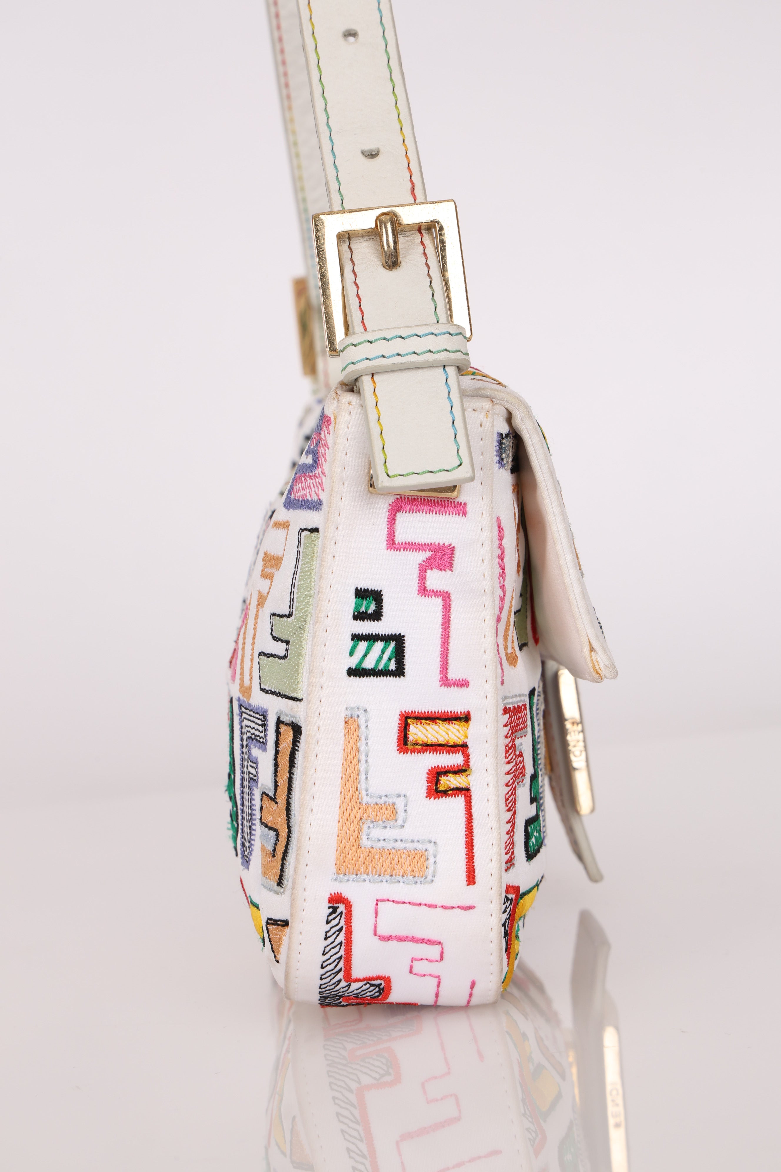 Fendi Zucca Multicolor Embroidered White Baguette