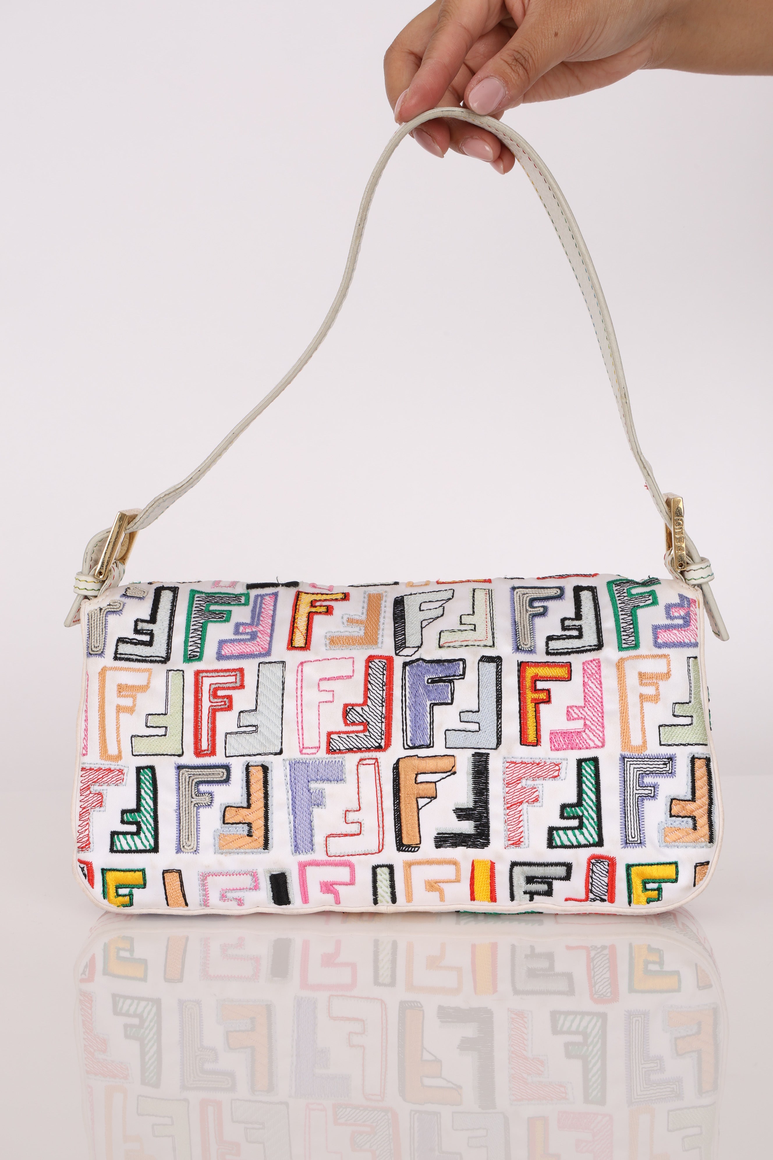 Fendi Zucca Multicolor Embroidered White Baguette