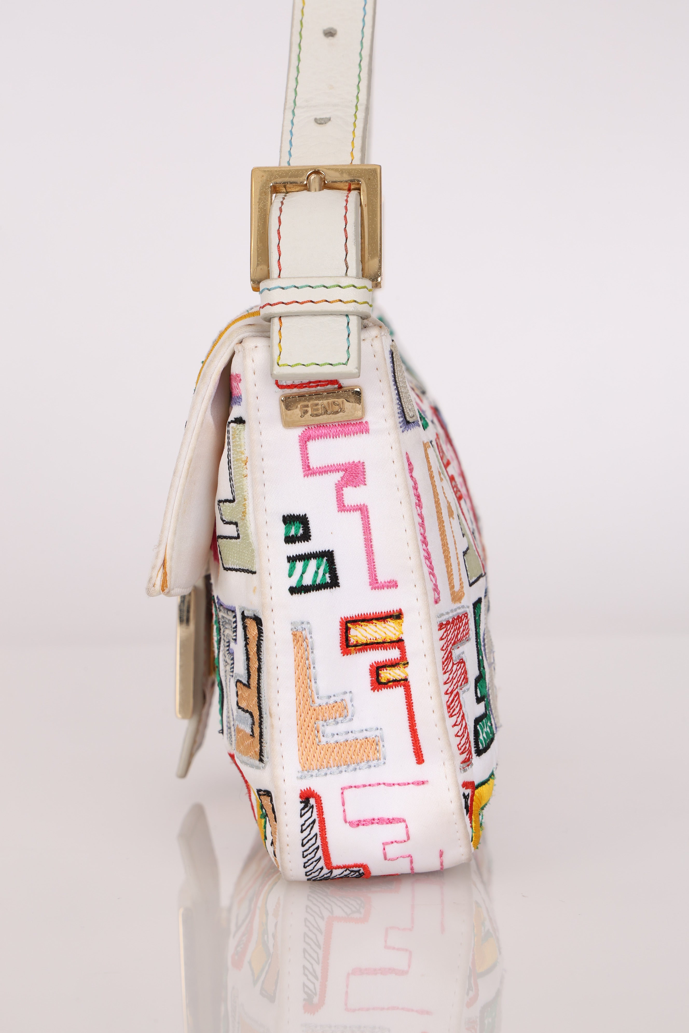 Fendi Zucca Multicolor Embroidered White Baguette