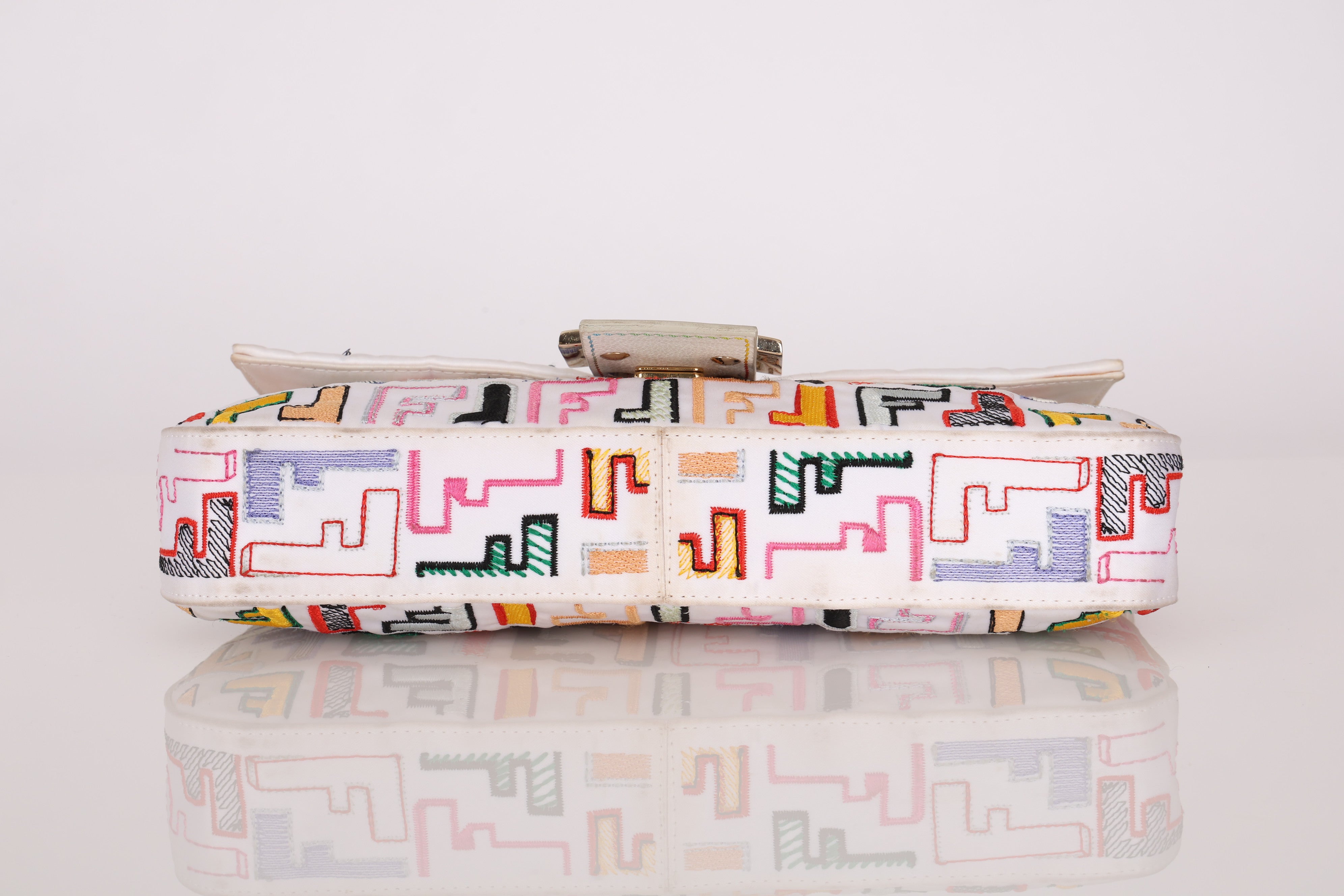 Fendi Zucca Multicolor Embroidered White Baguette