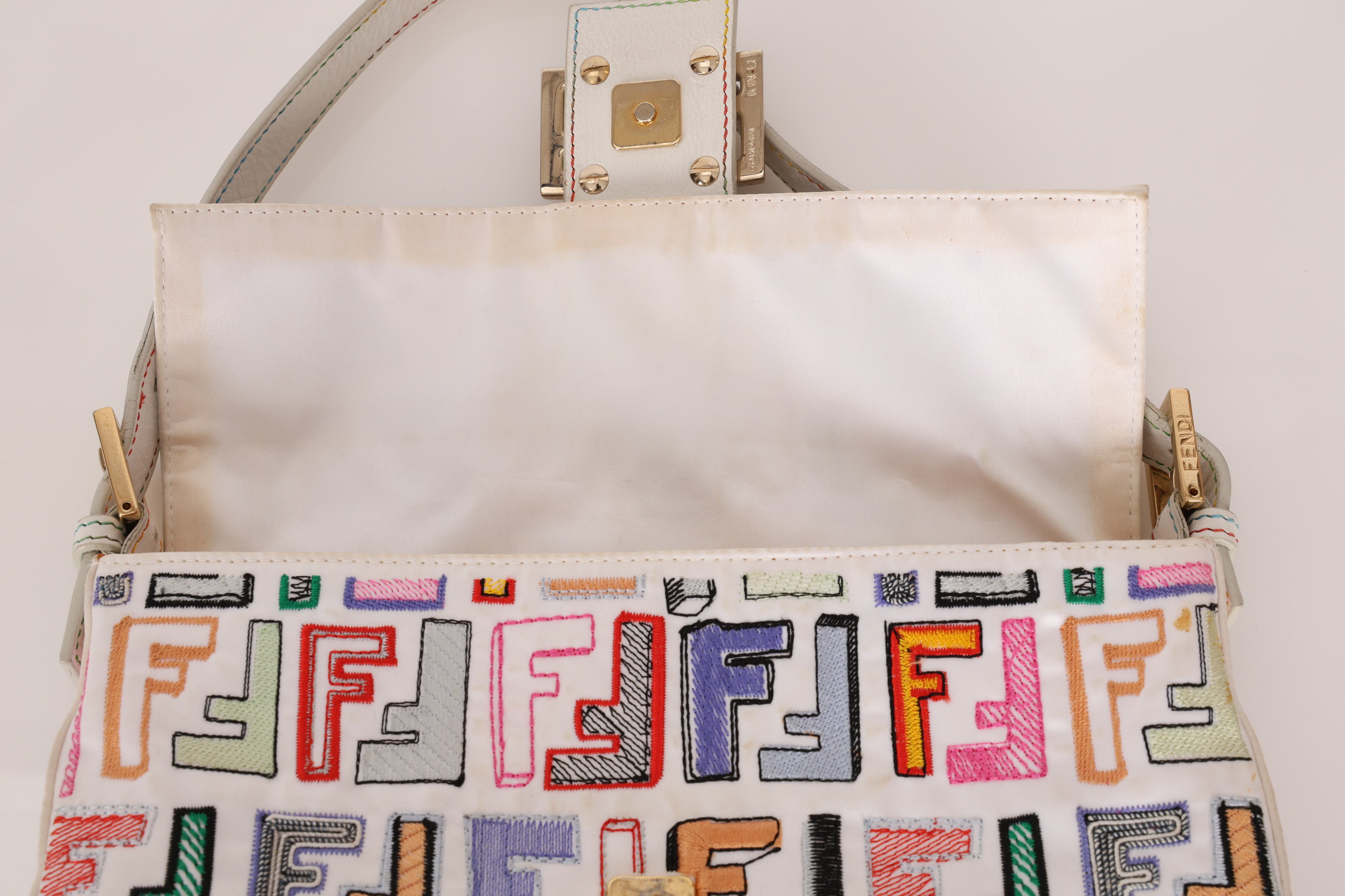 Fendi Zucca Multicolor Embroidered White Baguette