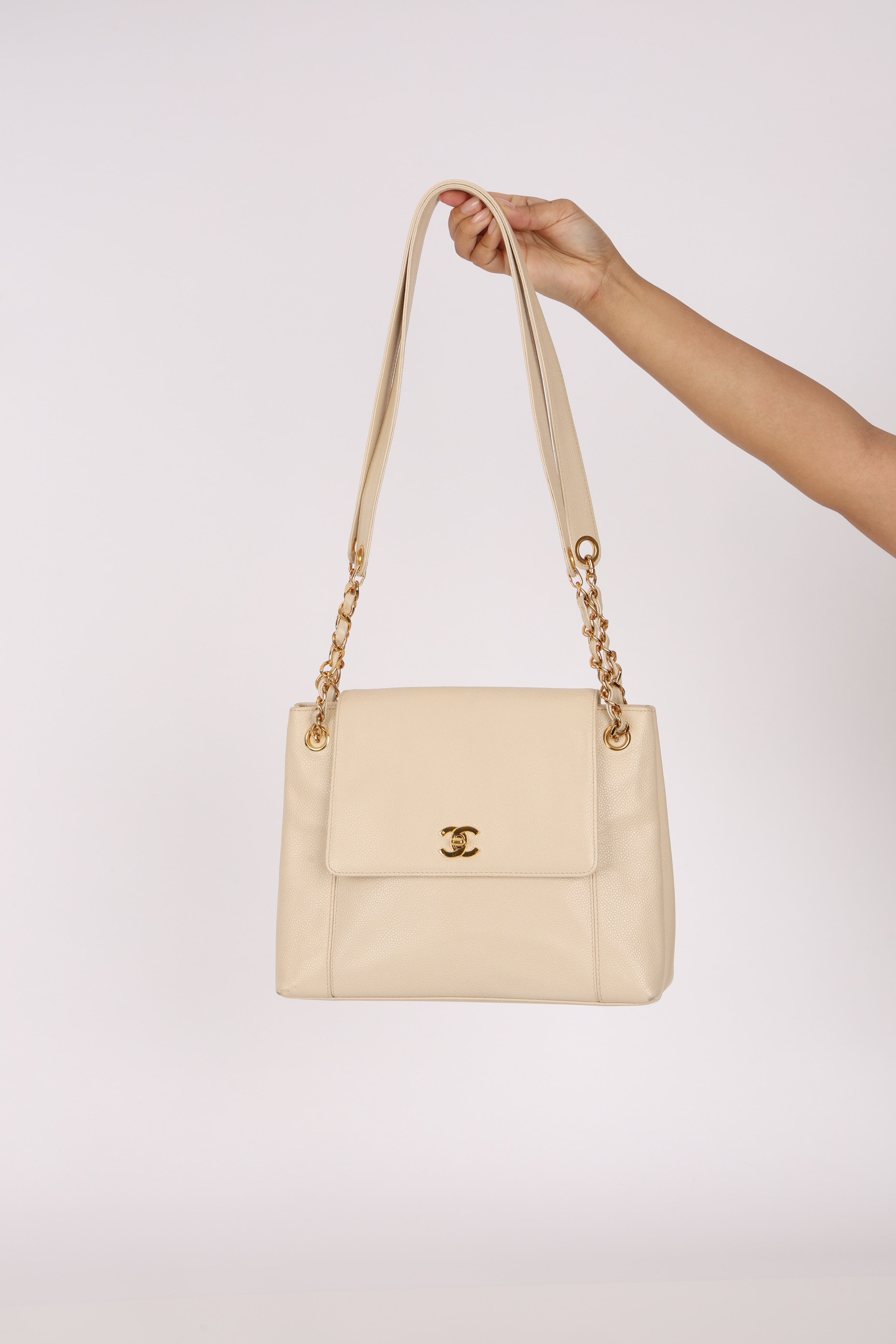 Chanel Turnlock Shoulder Bag White Caviar 24K GP