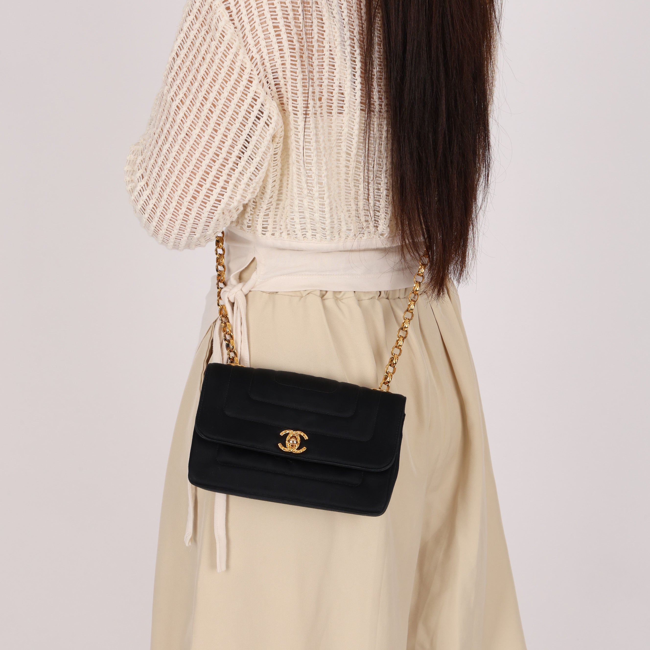 Chanel Mini Rectangle Bijoux Chain Flap Black Satin GHW