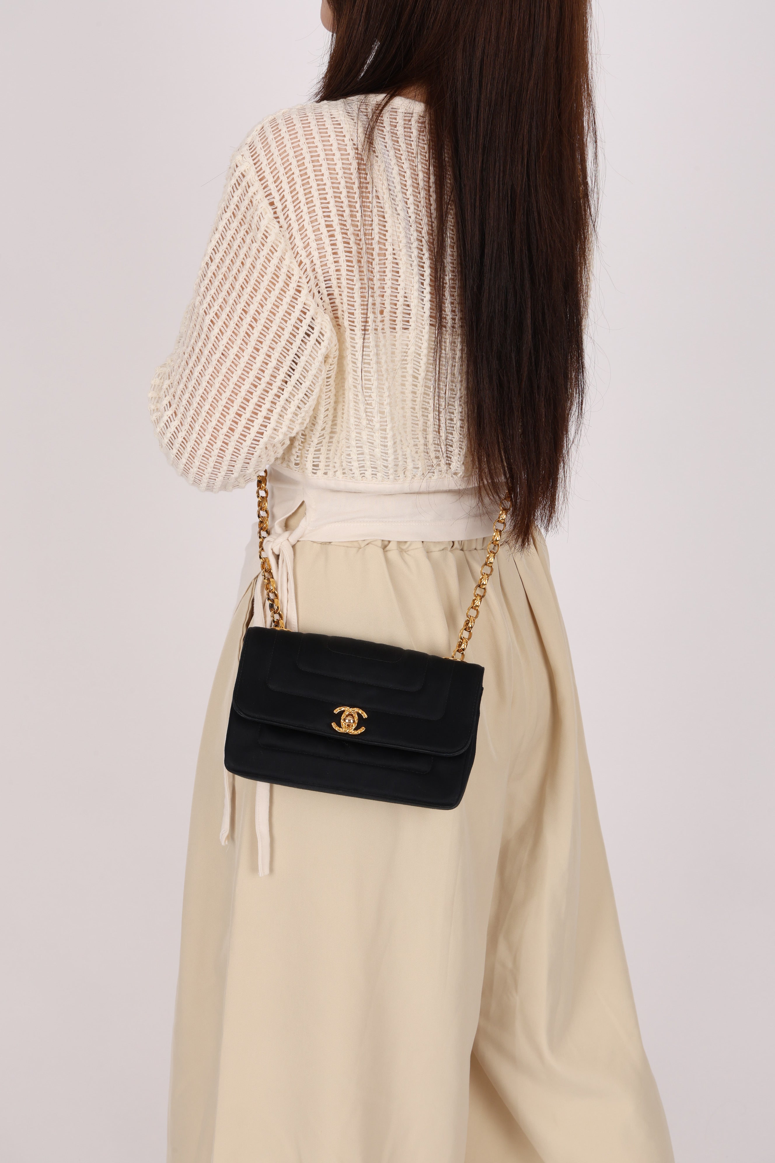 Chanel Mini Rectangle Bijoux Chain Flap Black Satin GHW