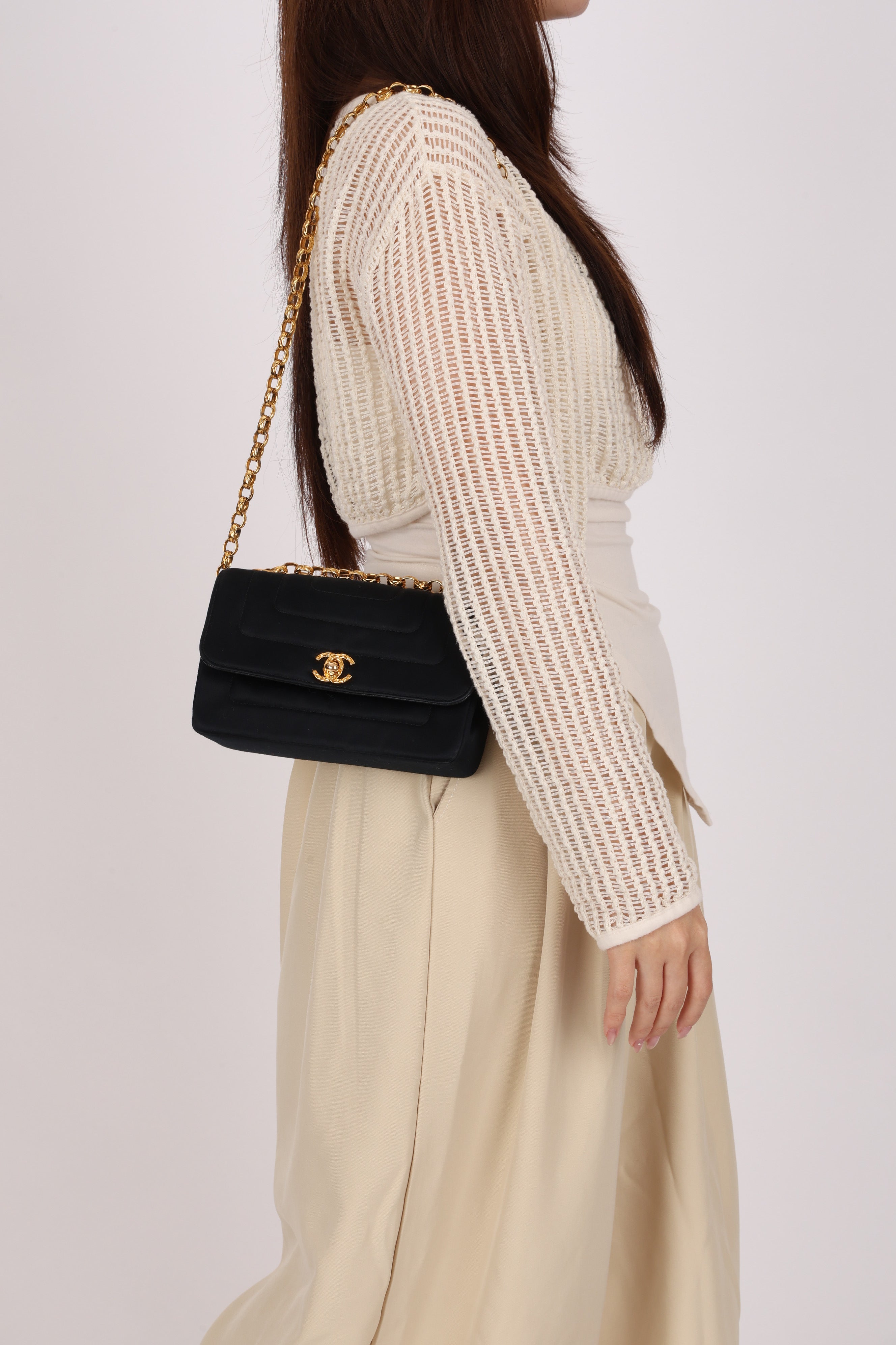 Chanel Mini Rectangle Bijoux Chain Flap Black Satin GHW