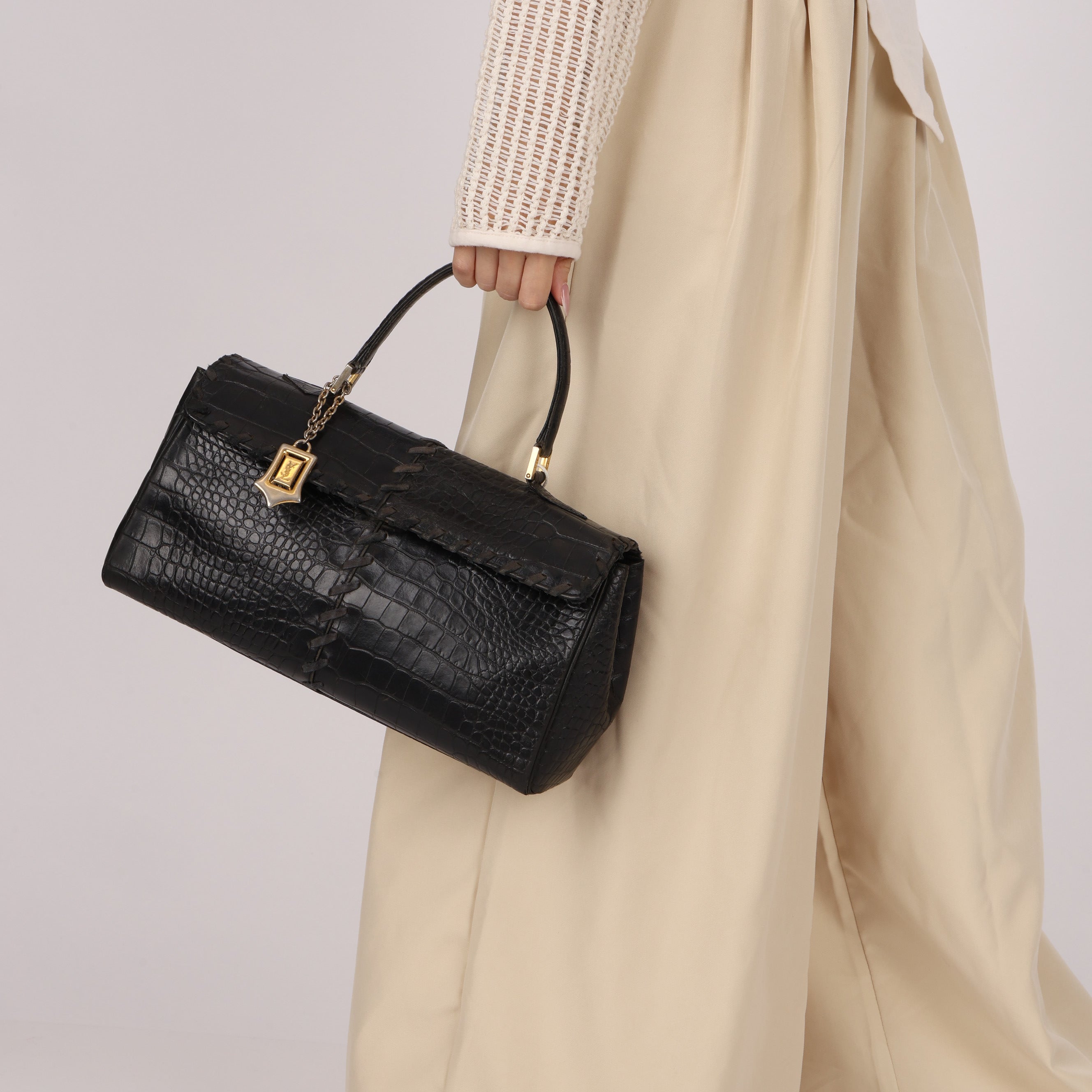 Yves Saint Laurent Whipstitch Crocodile Embossed Top Handle Bag