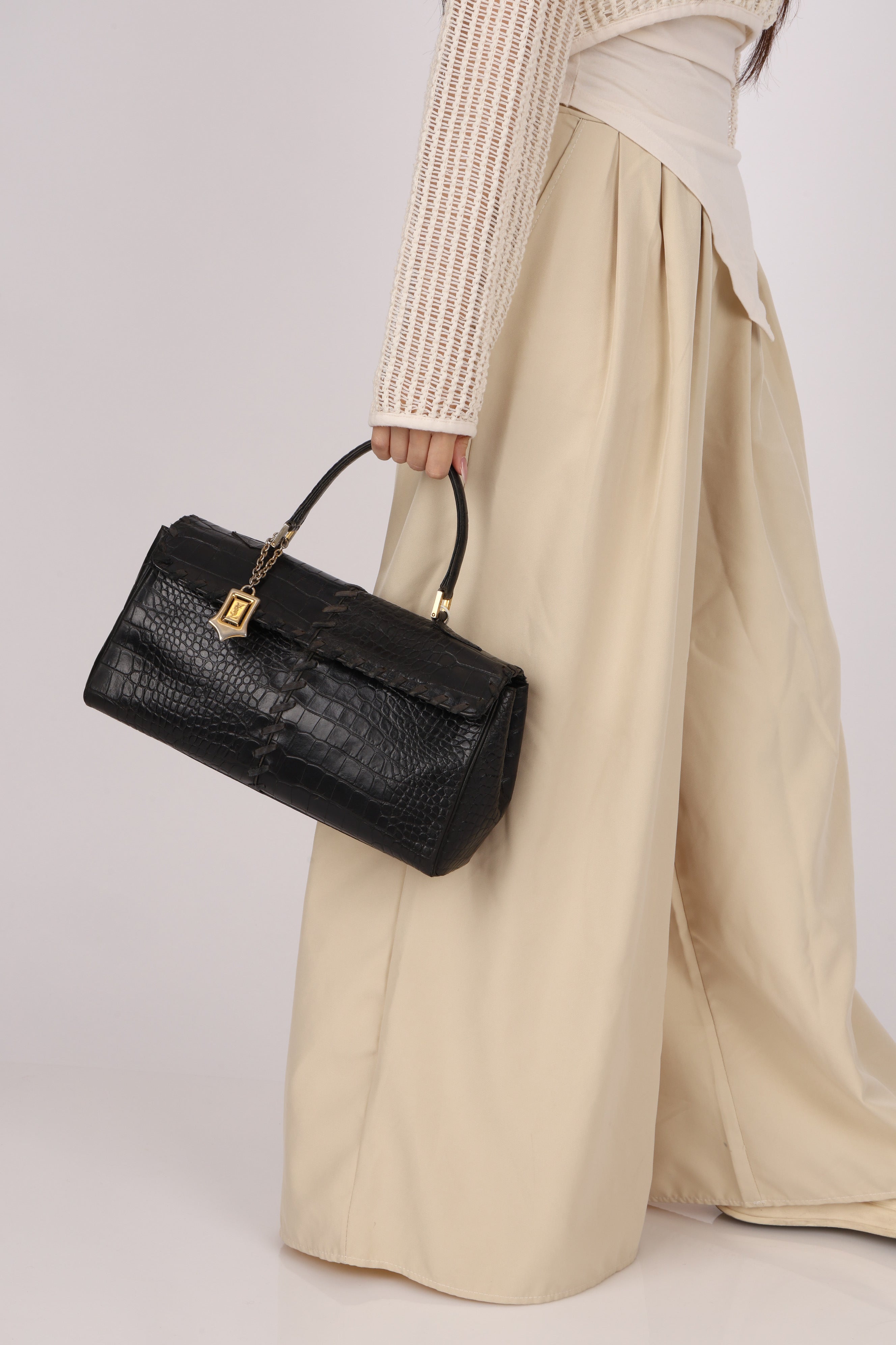 Yves Saint Laurent Whipstitch Crocodile Embossed Top Handle Bag